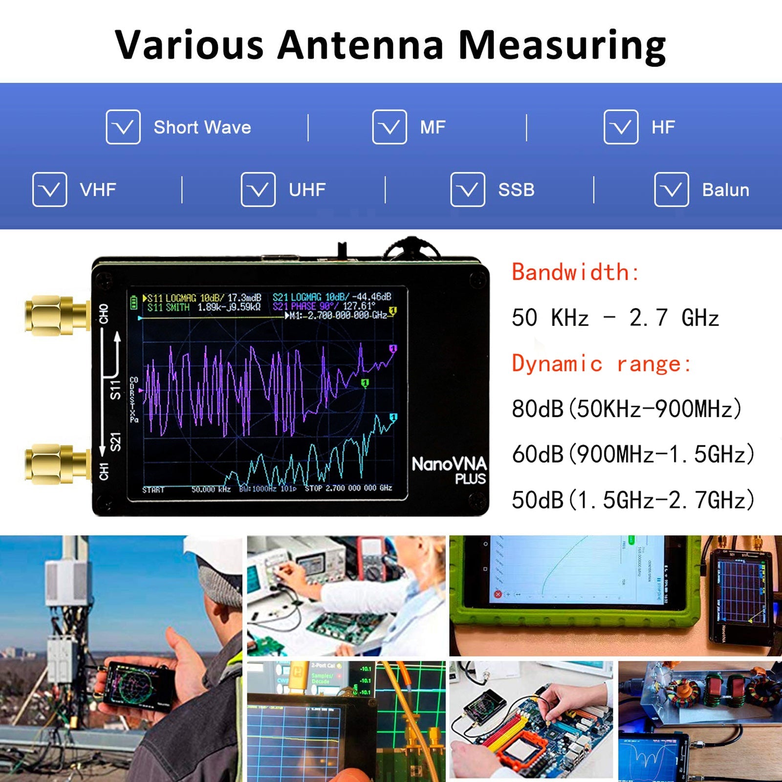 2.8Inch Upgraded NanoVNA Plus 50kHz-2.7GHz Handheld Vector Network Analyzer