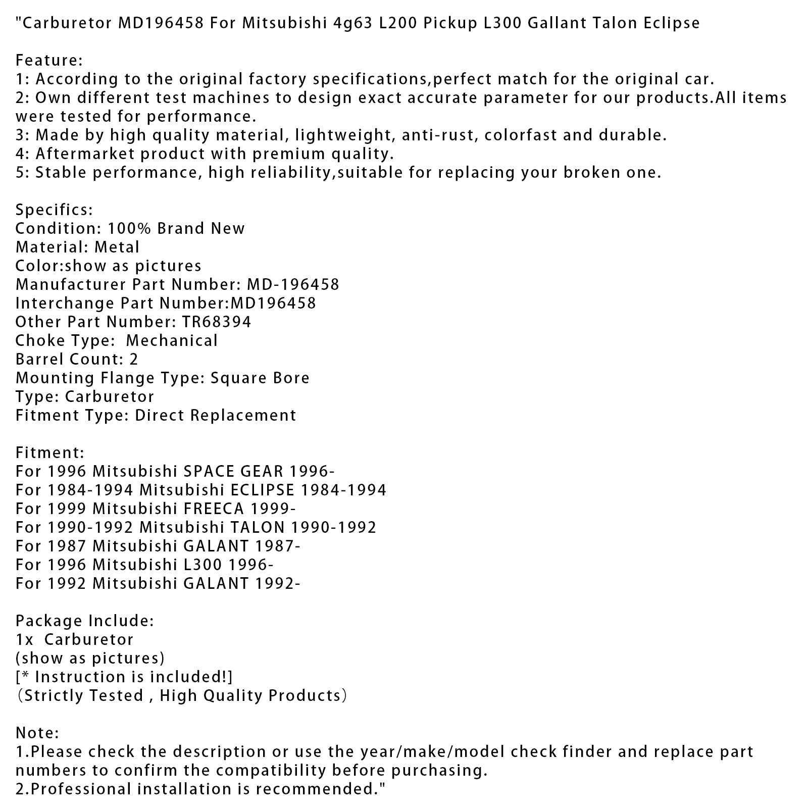 1996 Mitsubishi L300 Carburetor MD196458