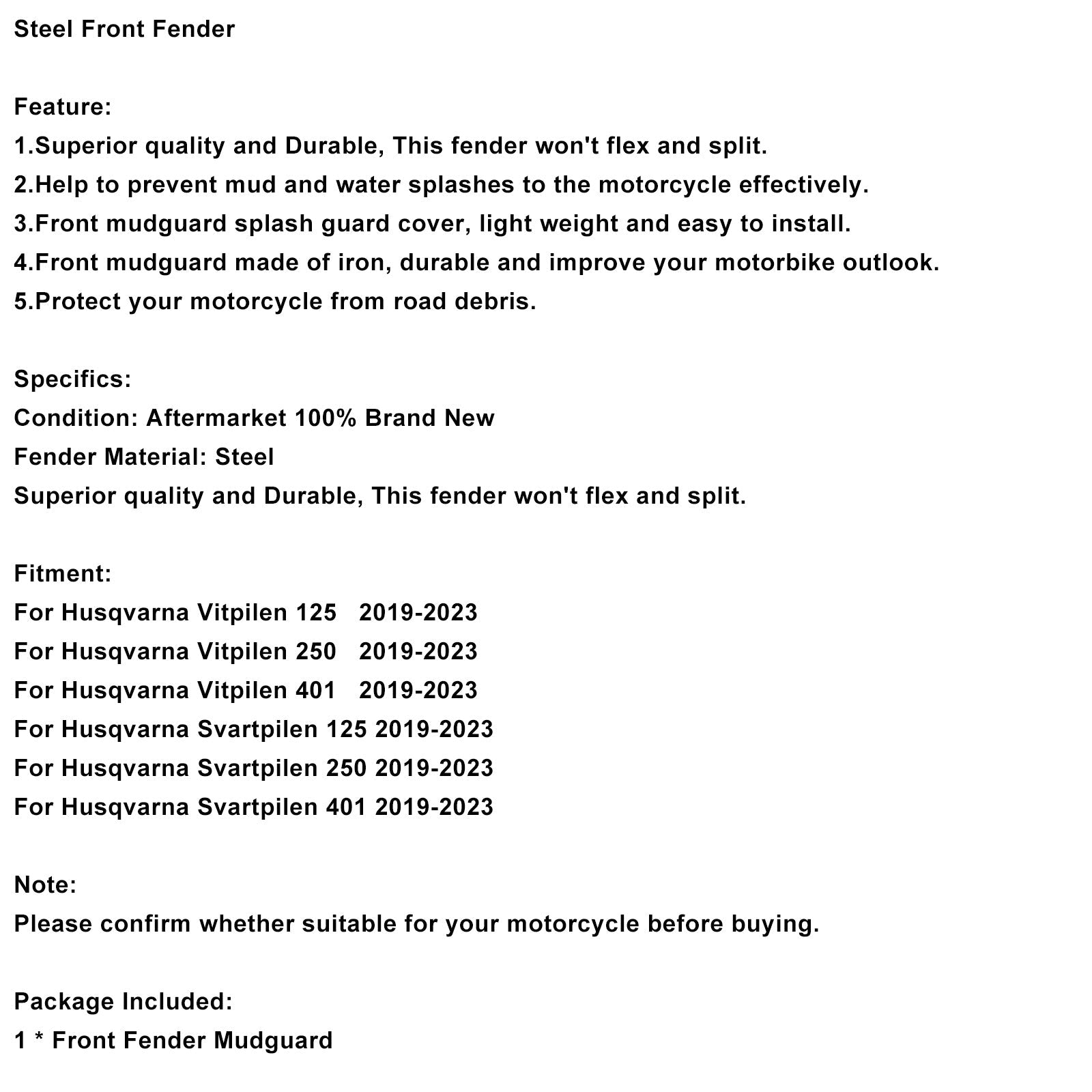 2019-2023 Husqvarna Vitpilen 125 250 401 Svartpilen Steel Front Fender