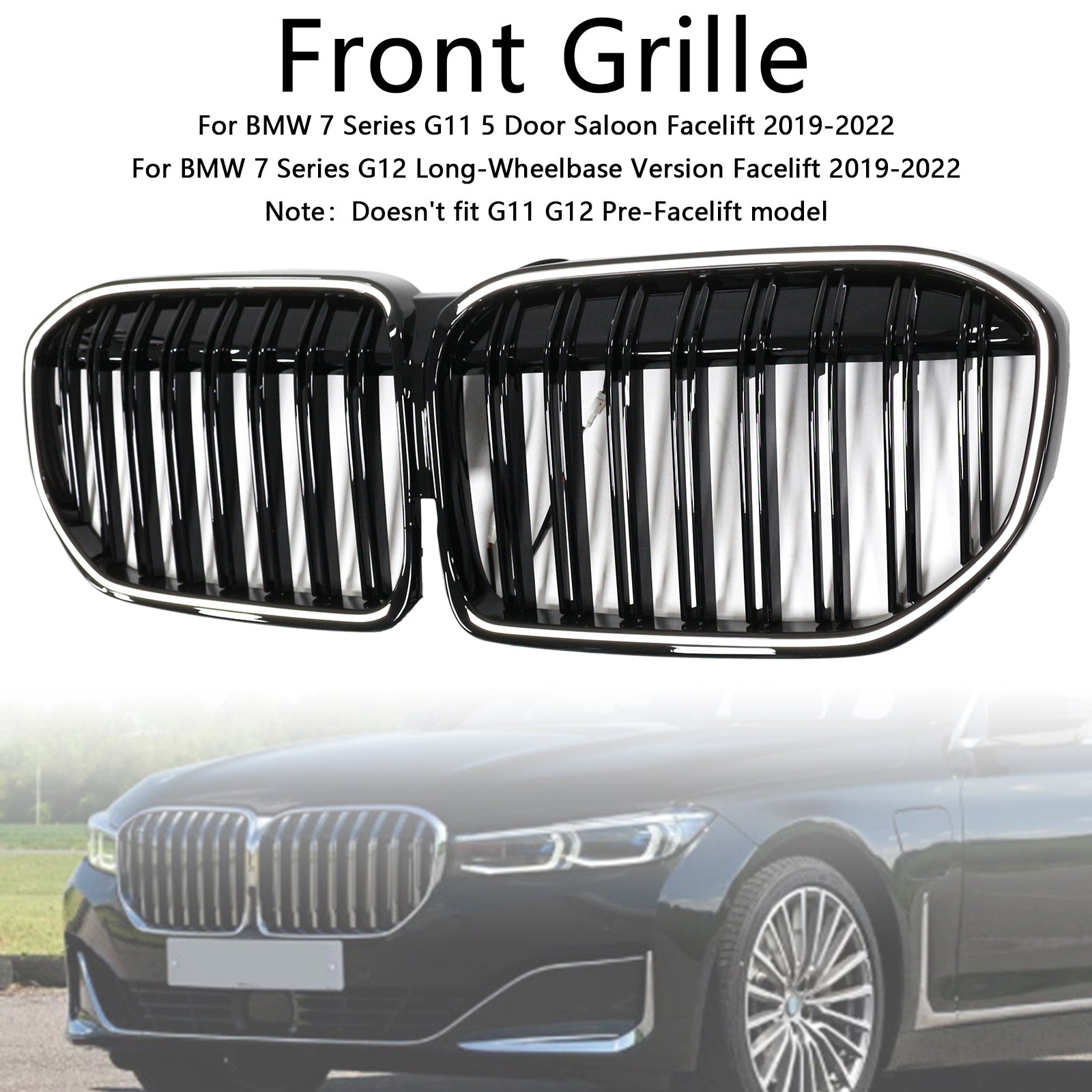 Double Slat Gloss Black Front Grill Grille Fit BMW 7 Series G11 G12 2019-2022