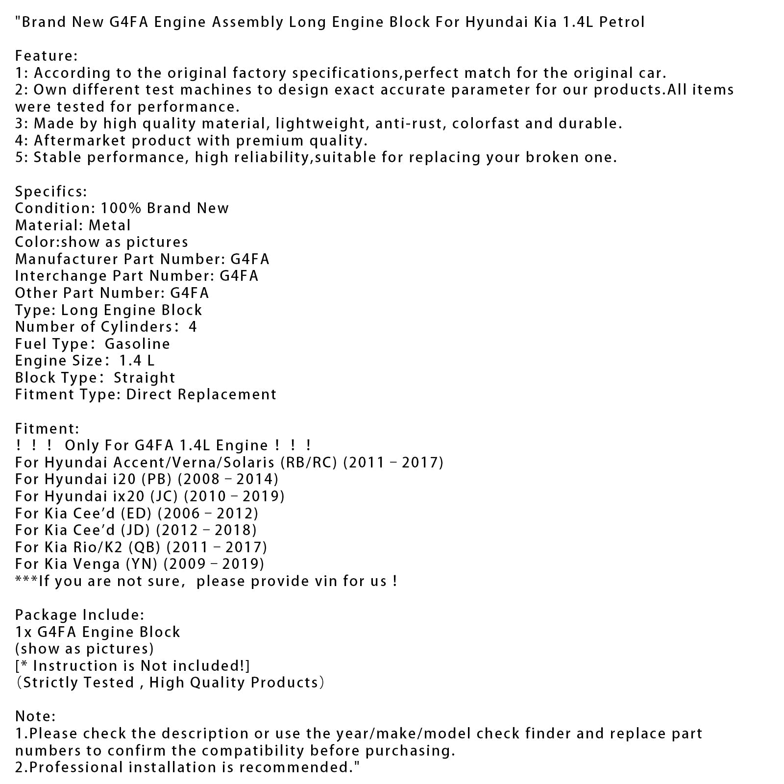 Brand New G4FA Engine Assembly Long Engine Block For Hyundai Kia 1.4L Petrol