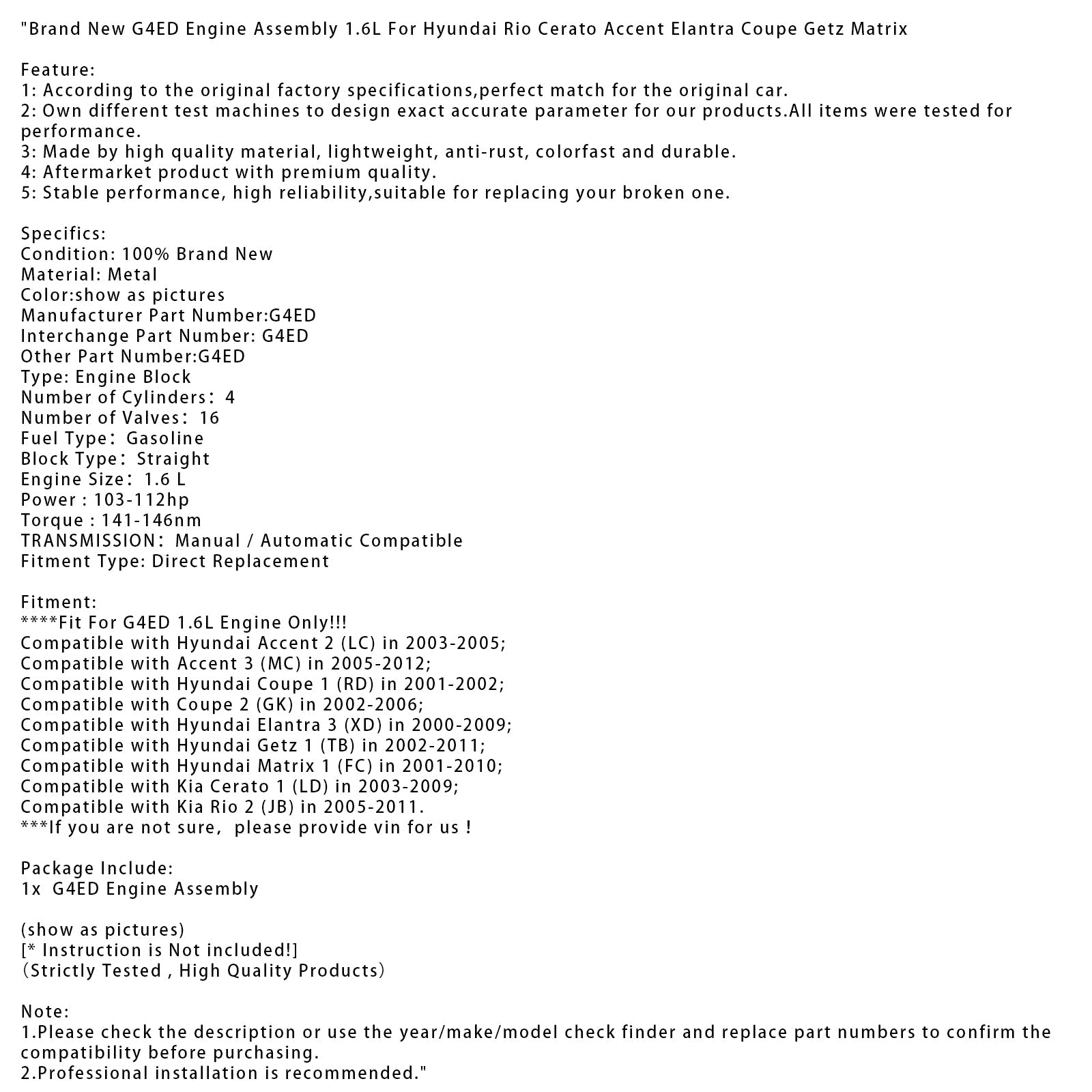 Brand New G4ED Engine Assembly 1.6L For Hyundai Rio Cerato Accent Elantra Coupe