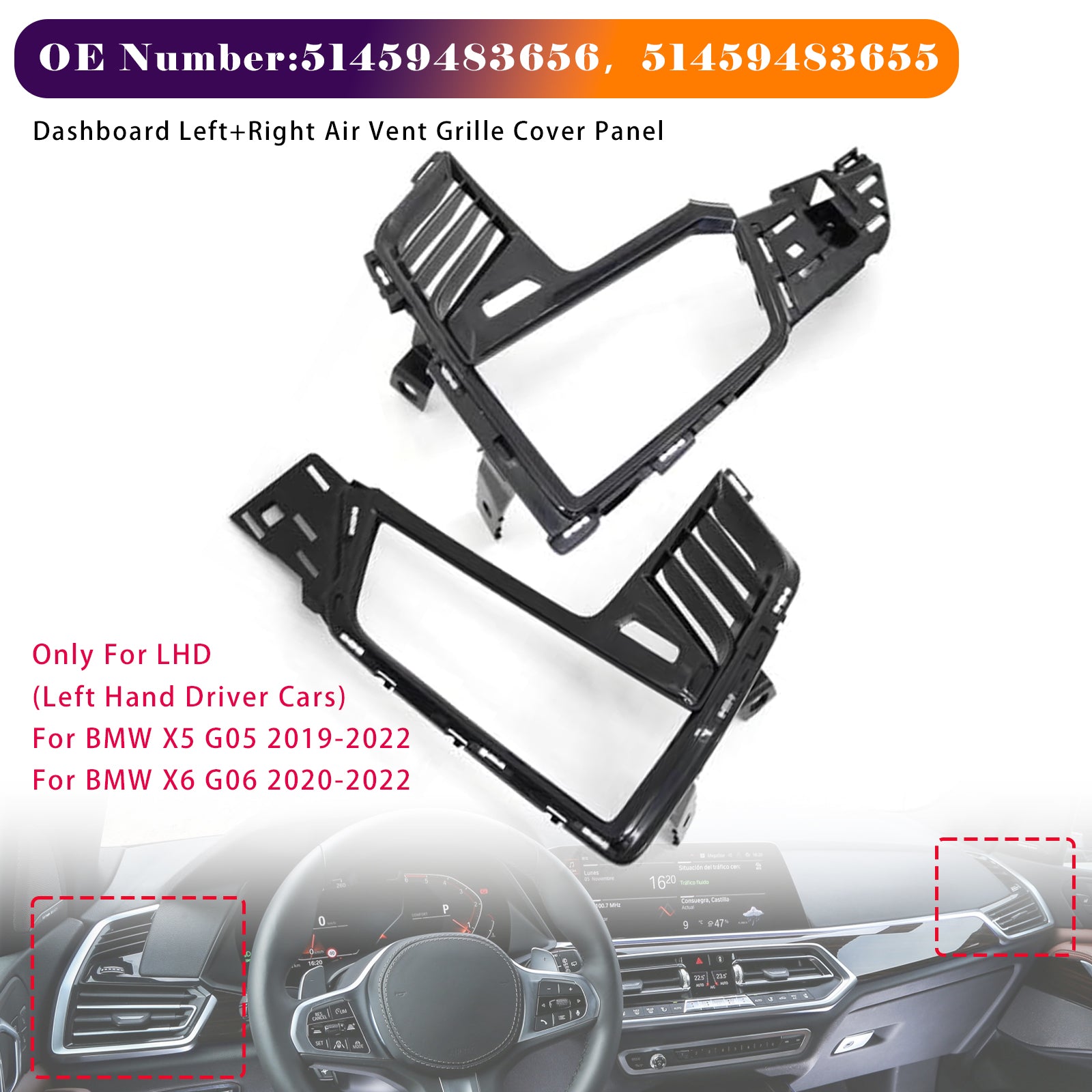 2019-2022 BMW X5 G05 Dashboard Left+Right Air Vent 51459483656 51459483655