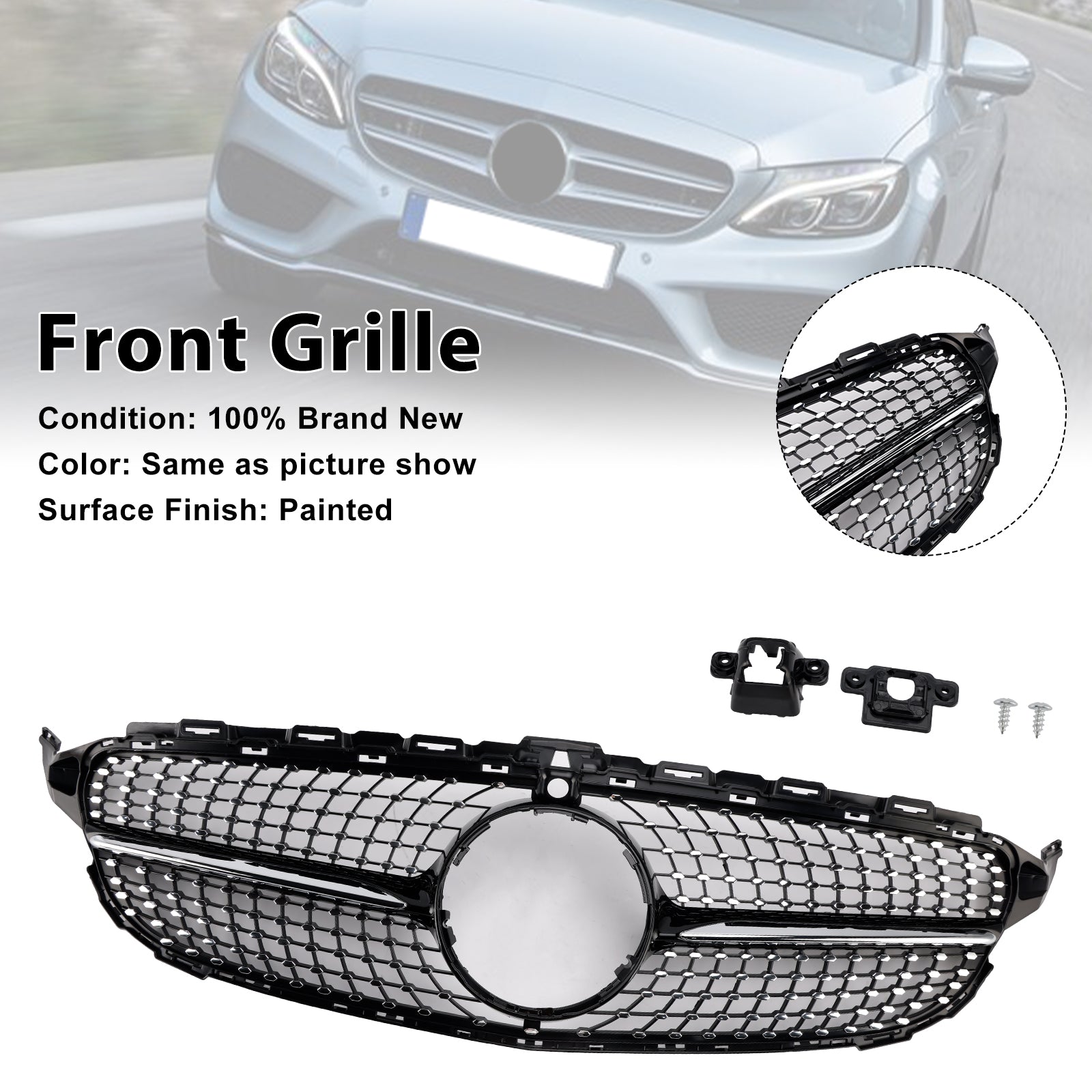 Diamond Front Grill Grille Fit Benz C-Class W205 C250 C300 C400 2015-2018
