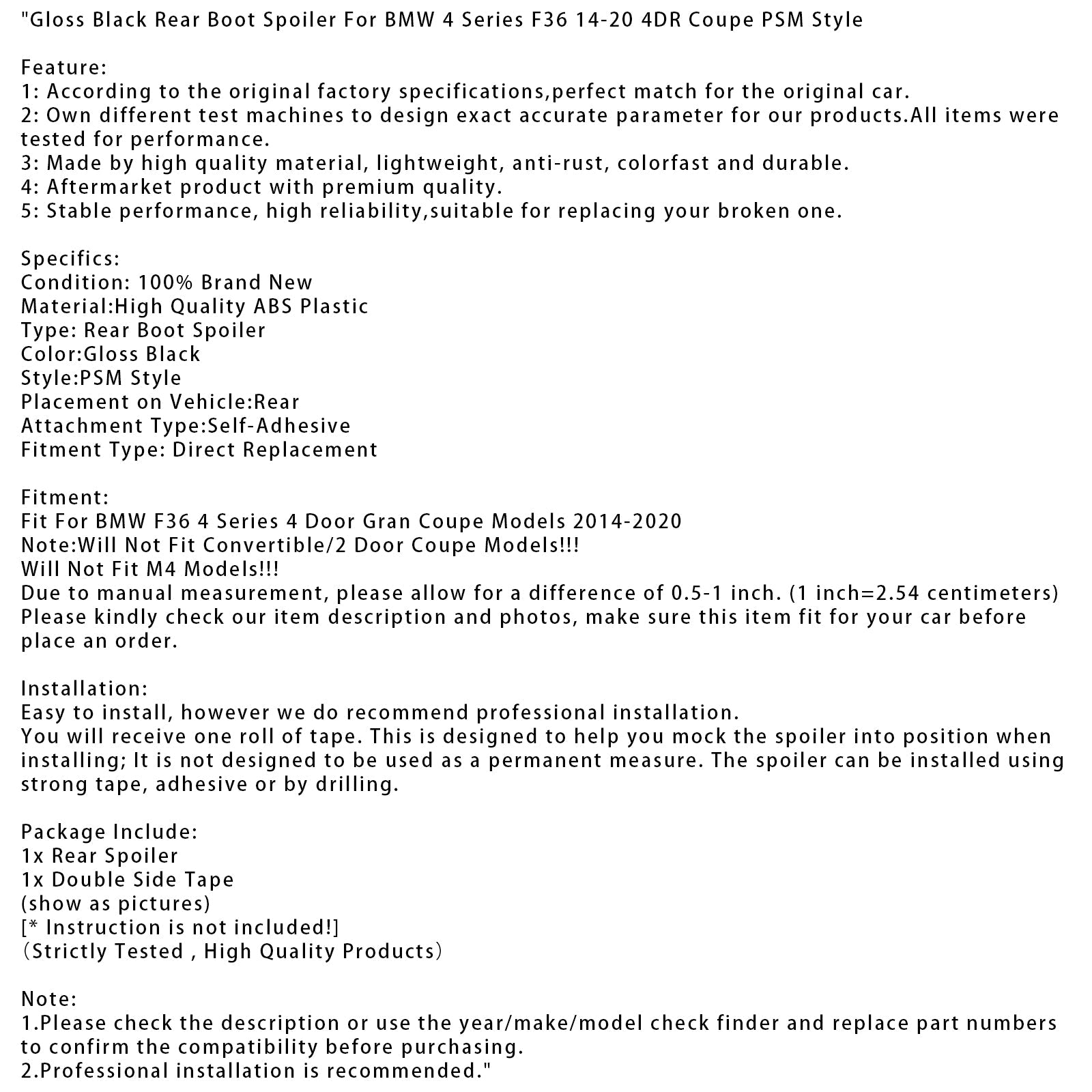 2014-2020 BMW 4 Series F36 4DR Coupe PSM Style Gloss Black Rear Boot Spoiler