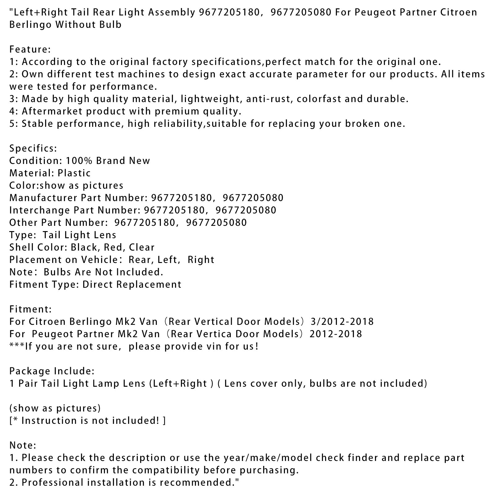 푸조 파트너를위한 왼쪽+오른쪽 꼬리 후면 조명 어셈블리 Citroen Berlingo