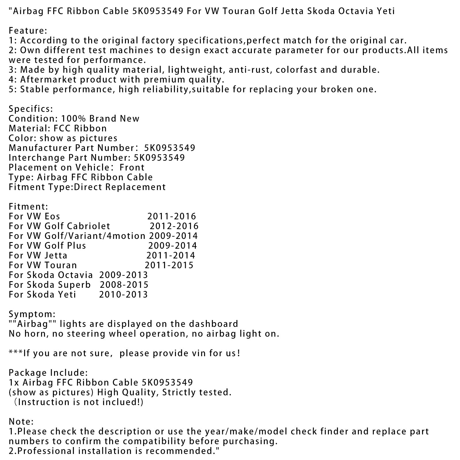 Airbag FFC Ribbon Cable 5K0953549 For VW Touran Golf Jetta Skoda Octavia Yeti