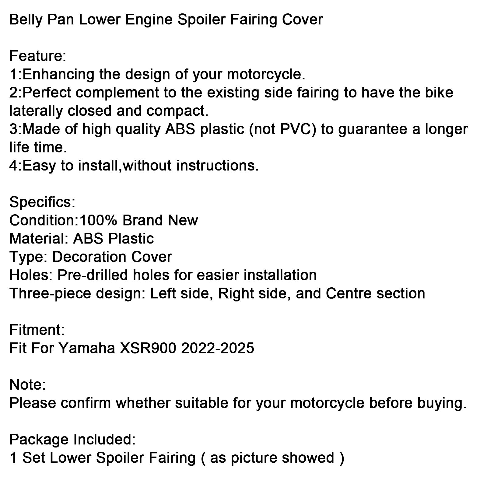 2022-2025 Yamaha XSR900 Belly Pan Lower Engine Spoiler Fairing Cover