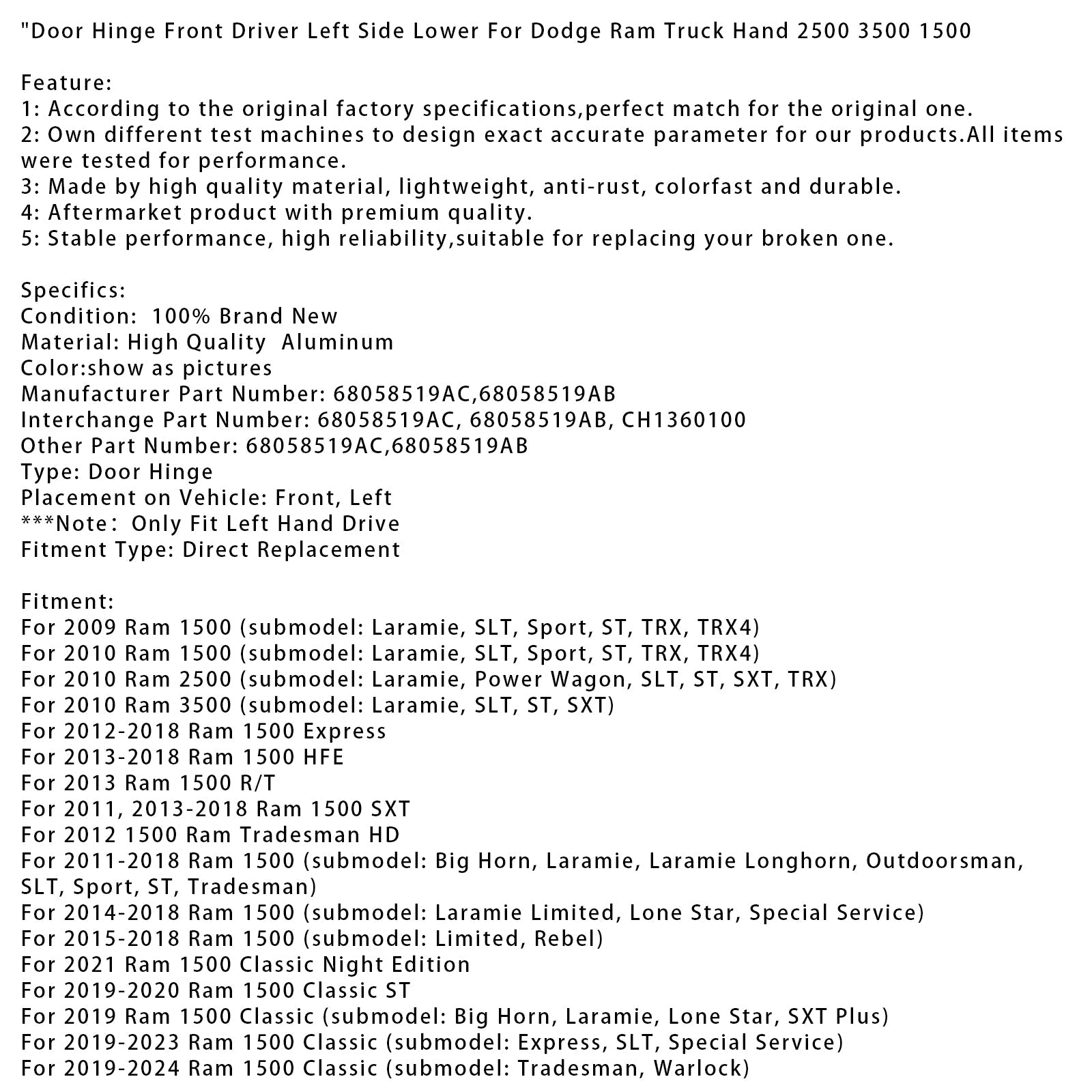 Door Hinge Front Driver Left Side Lower For Dodge Ram Truck Hand 2500 3500 1500