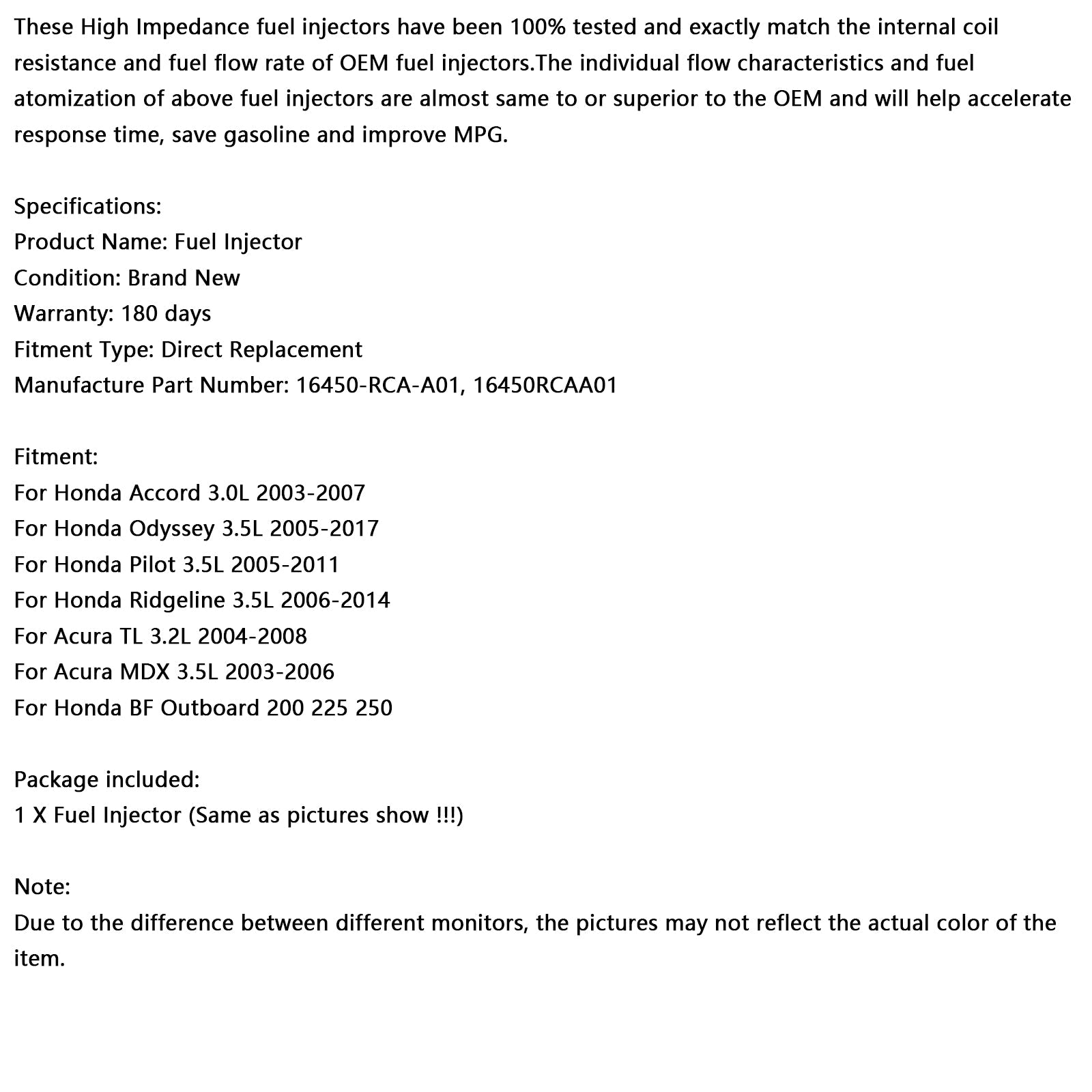 1PCS Fuel Injector 16450-RCA-A01 Fit Honda MDX Tl Accord Pilot Fit Acura