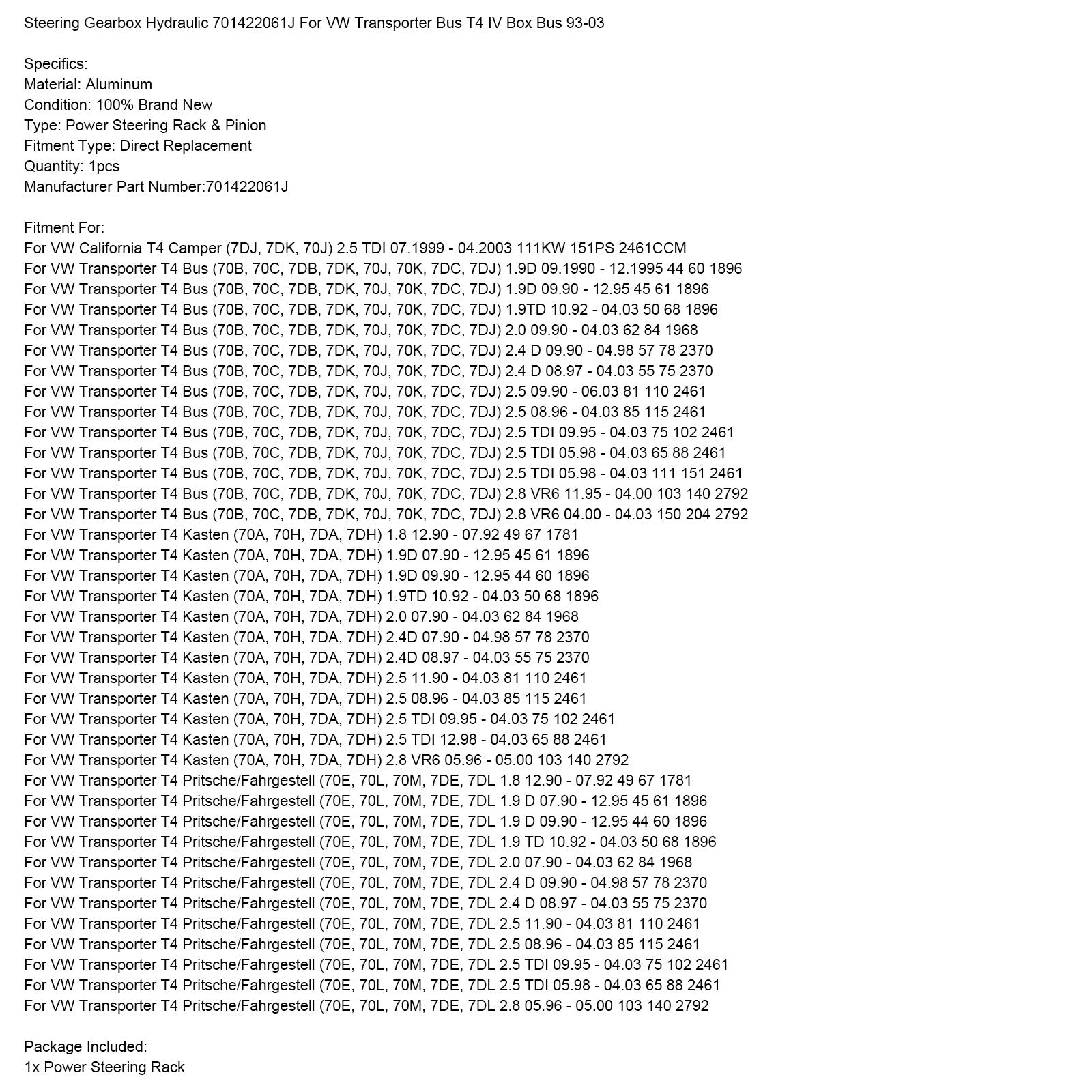 Steering Gearbox Hydraulic 701422061J For VW Transporter Bus T4 IV Box 93-03