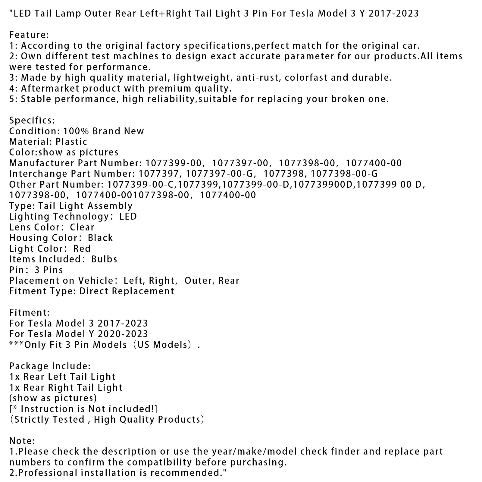 L+R LED Tail Lamp Outer Rear Tail Light 3 Pin For Tesla Model 3 Y 2017-2023