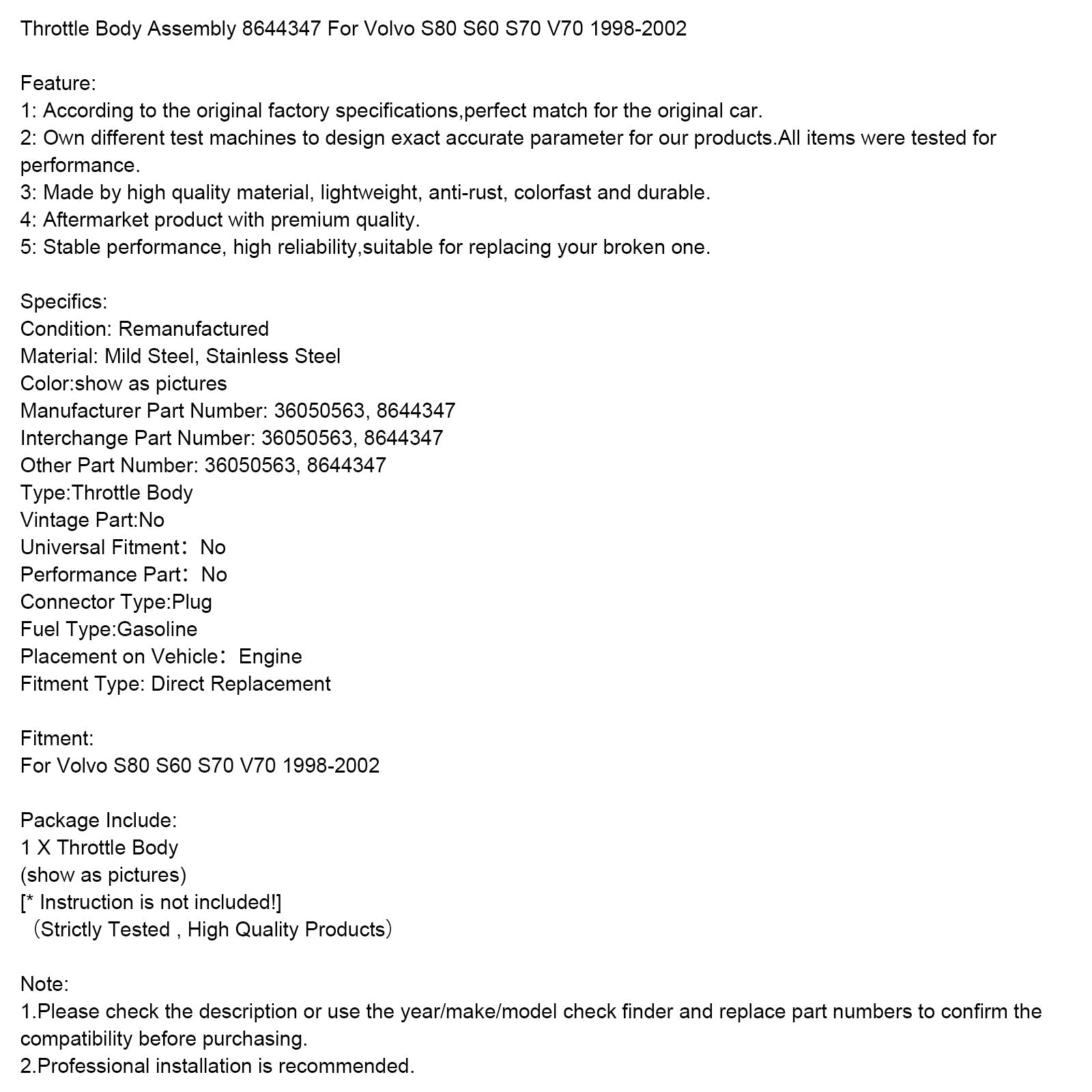 Throttle Body Assembly 8644347 For Volvo S80 S60 S70 V70 1998-2002