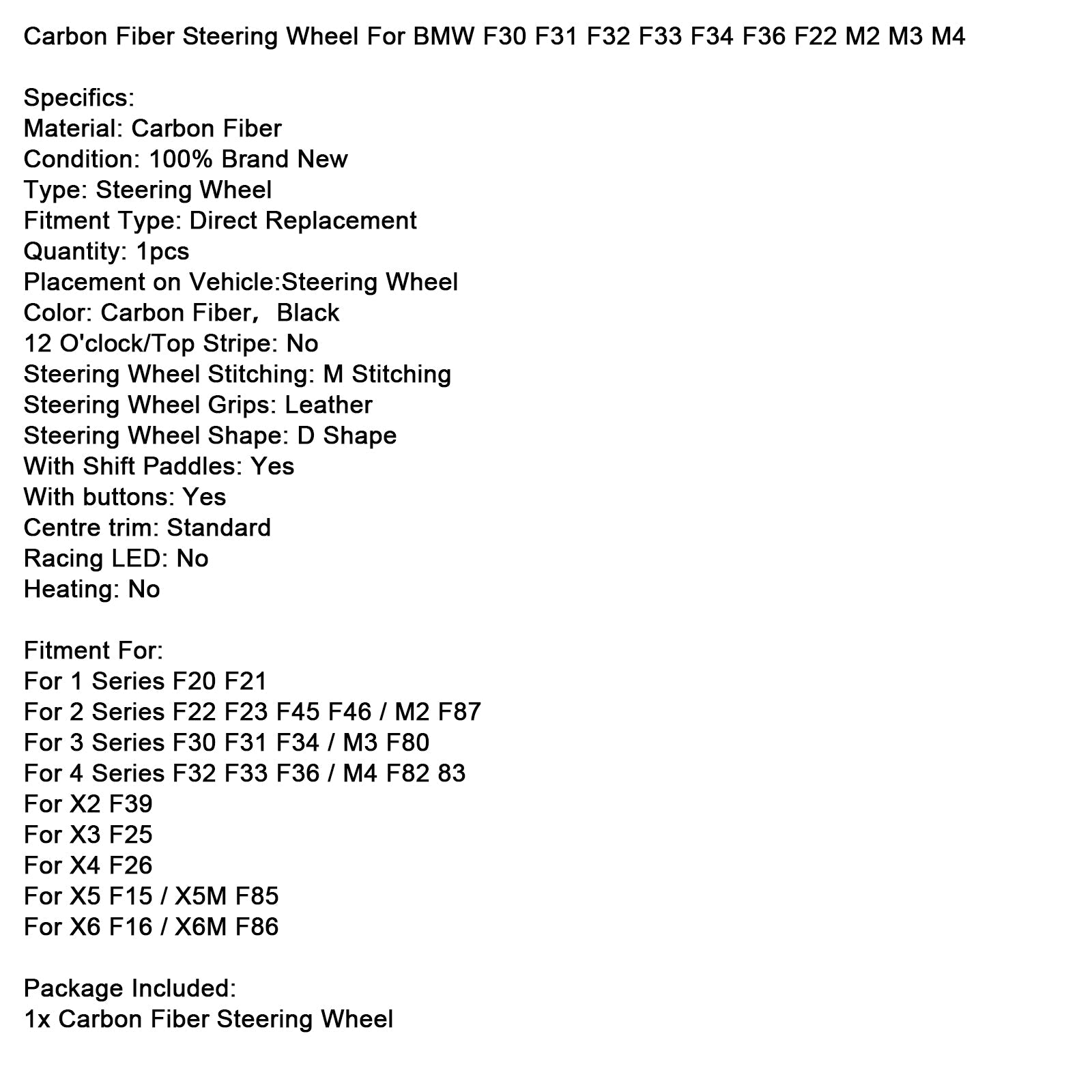 Carbon Fiber Steering Wheel For BMW F30 F31 F20 F33 F34 F36 F22 M2 M3 M4