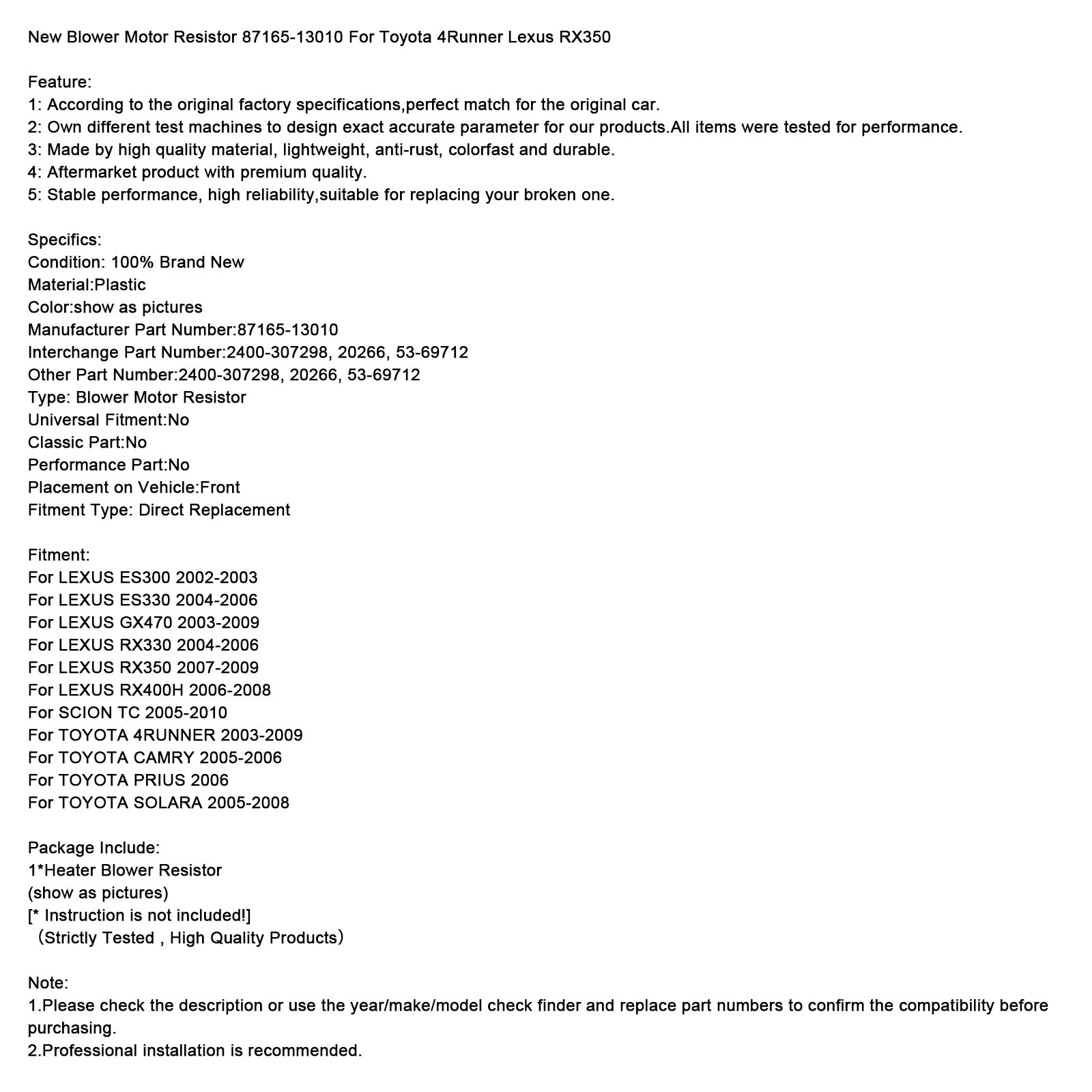 New Blower Motor Resistor 87165-13010 For Toyota 4Runner Lexus RX350