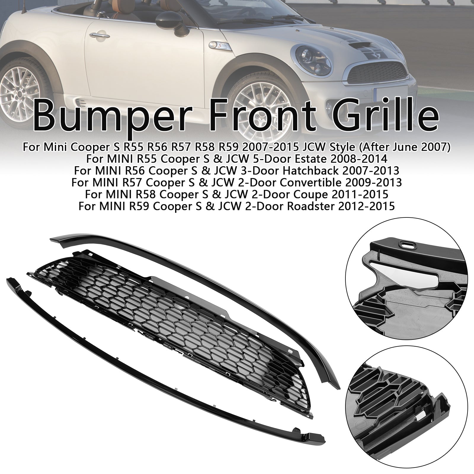 3PCS Gloss Black Front Grill Grille Fit Mini R55 R56 R57 R58 R59 Coope