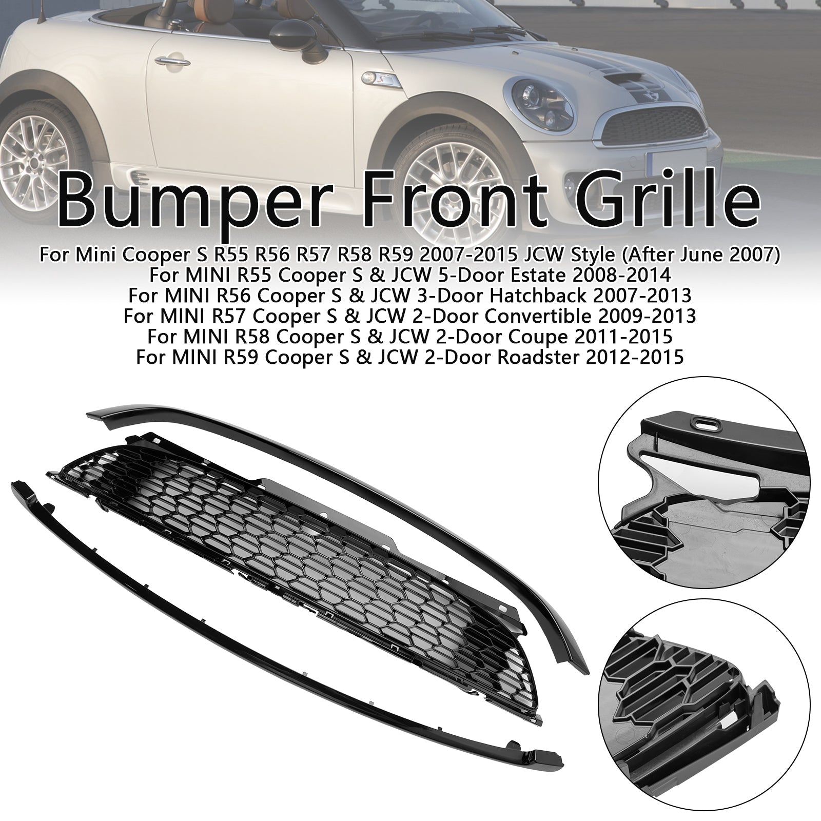 3PCS Gloss Black Front Grill Grille Fit Mini R55 R56 R57 R58 R59 Cooper S & JCW