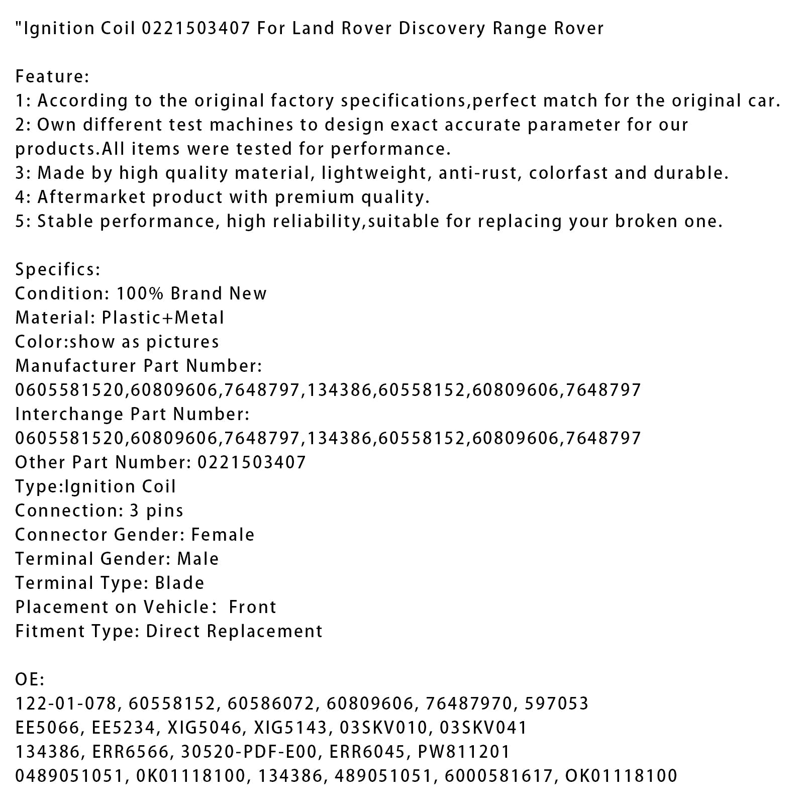 Ignition Coil 0221503407 For Land Rover Discovery Range Rover
