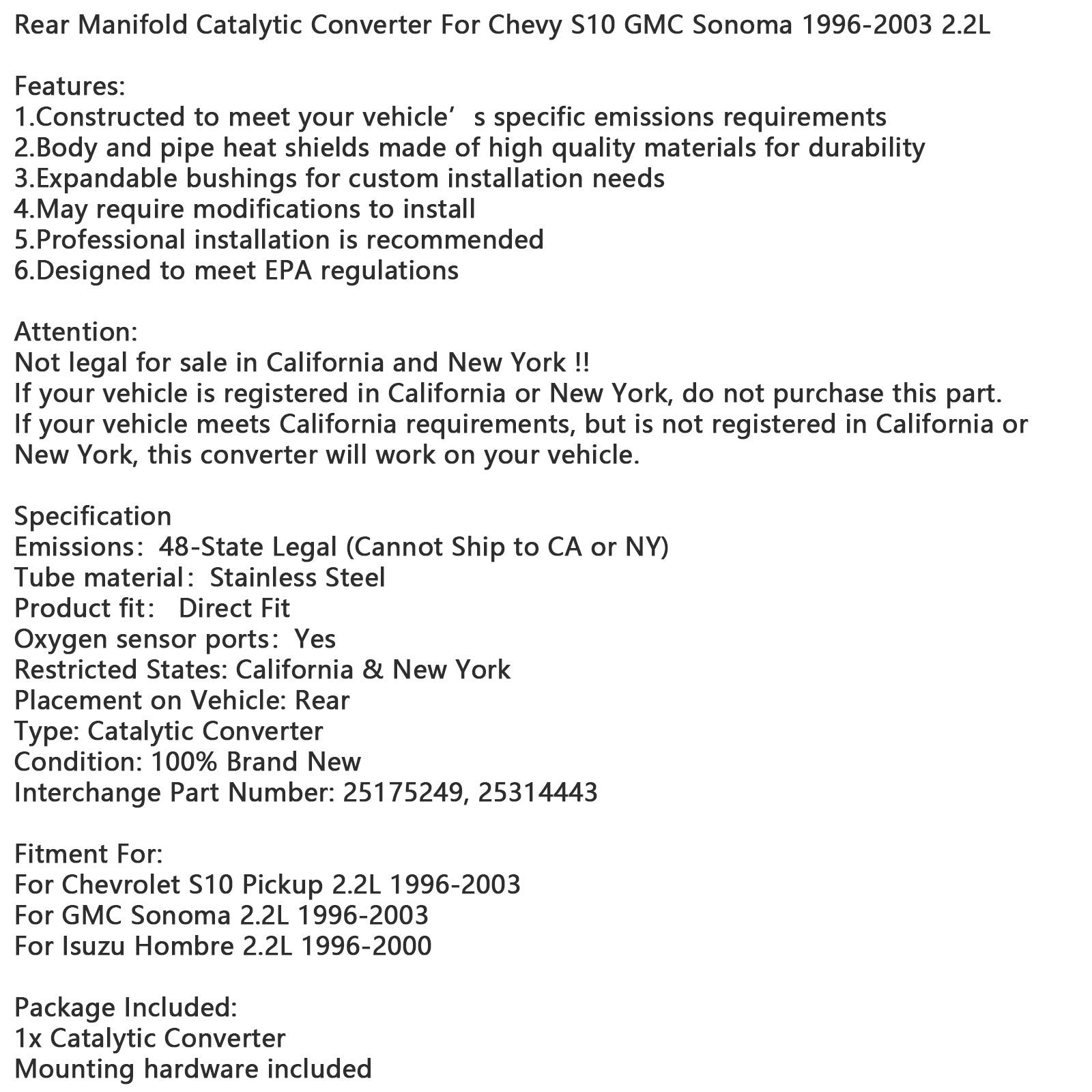 1996-2003 GMC Sonoma 2.2L Rear Manifold Catalytic Converter 25175249 25314443