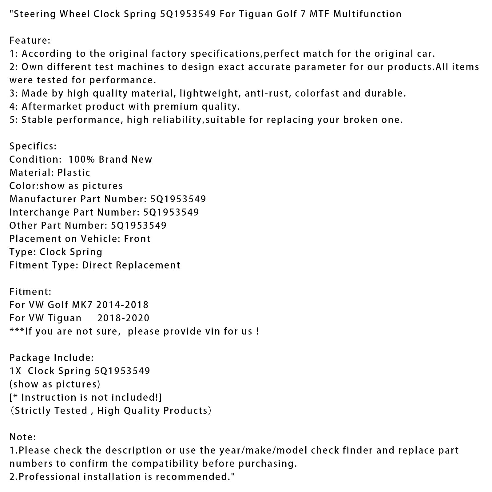 2014-2018 VW Golf MK7 Steering Wheel Clock Spring 5Q1953549