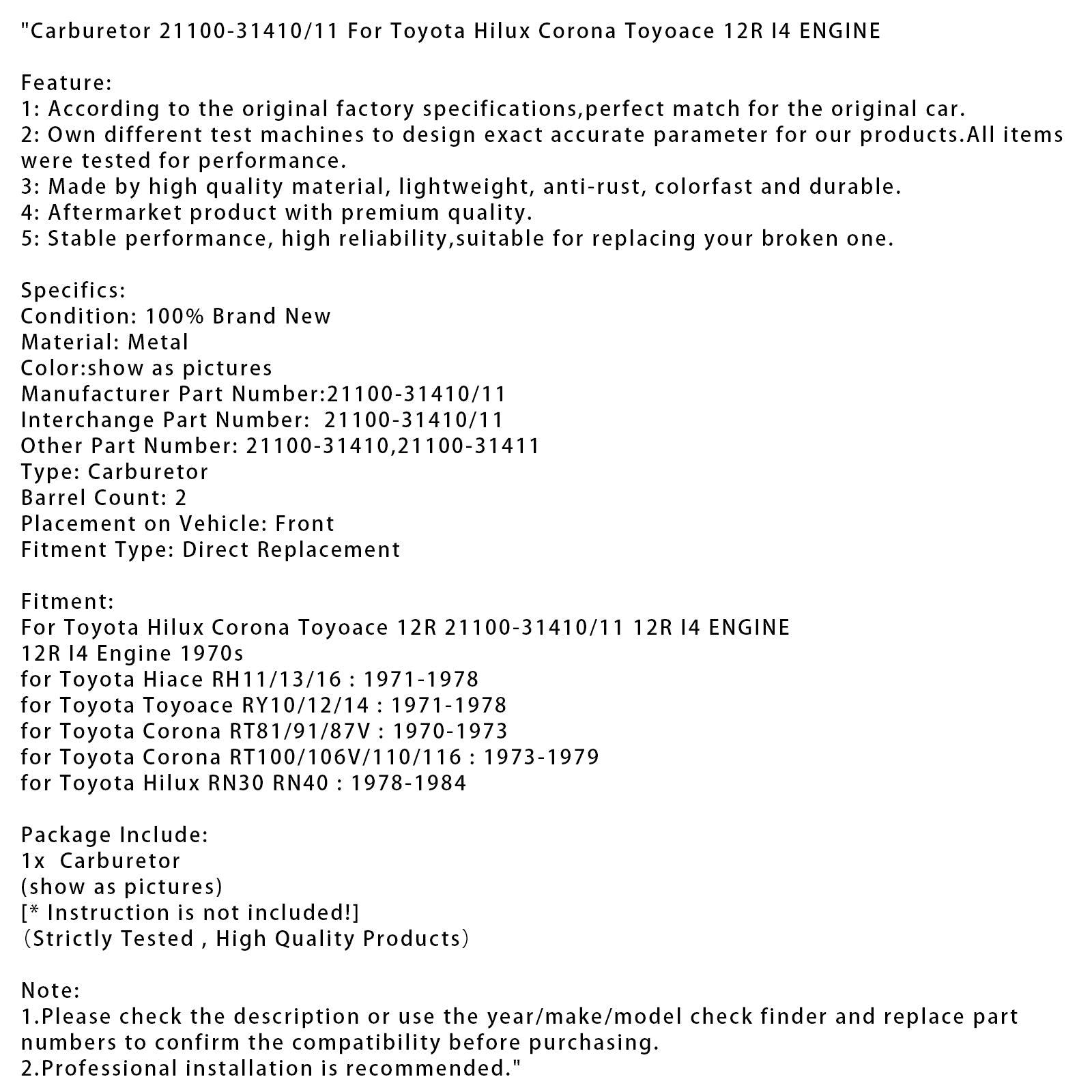 1973-1979 Toyota Corona RT100/106V/110/116 Carburetor 21100-31410/11