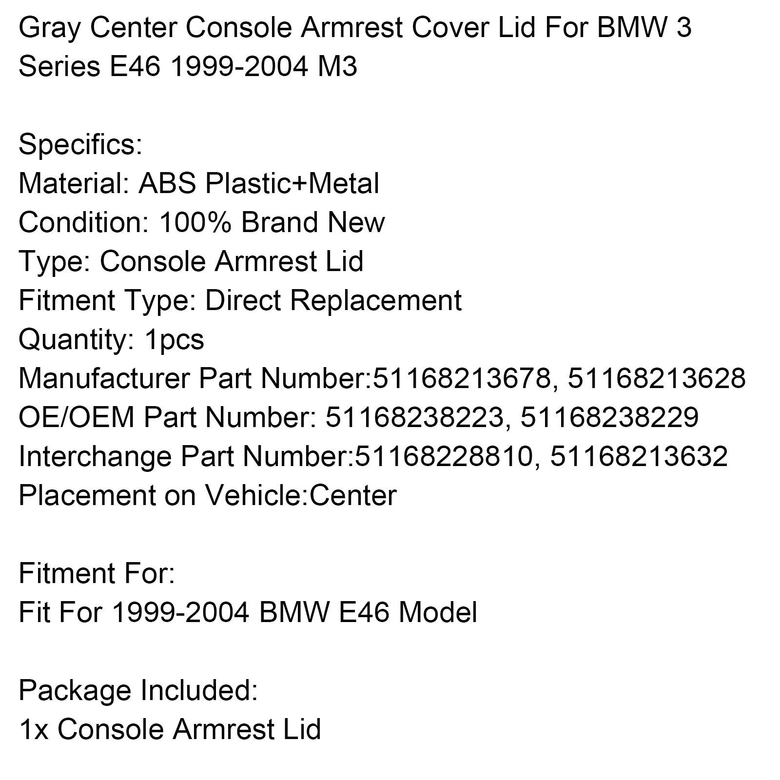 Gray Center Console Armrest Cover Lid For BMW 3 Series E46 1999-2004 M3
