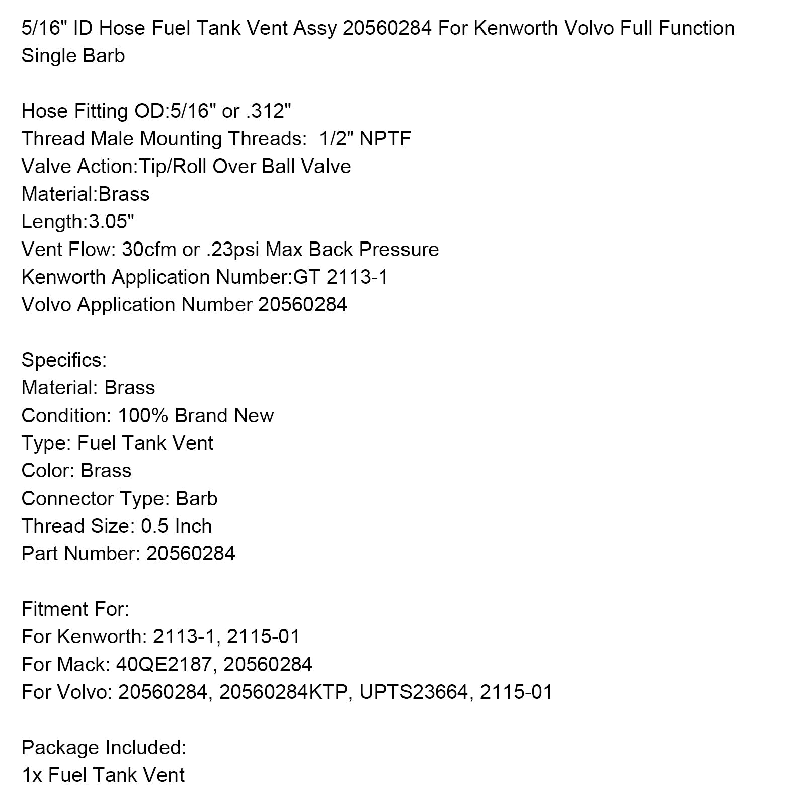 5/16" ID Hose Single Barb Fuel Tank Vent Assy 20560284 For Kenworth Volvo