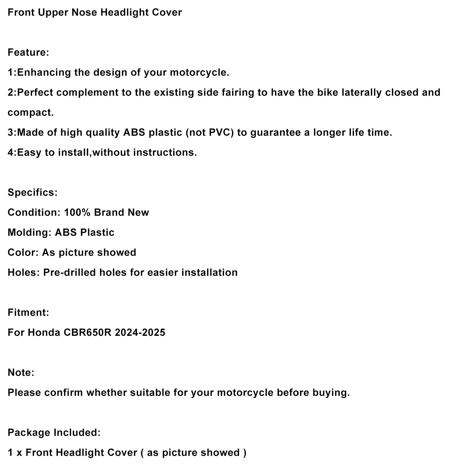 2024-2025 Honda CBR650R Front Nose Headlight Panel Cover Fairing