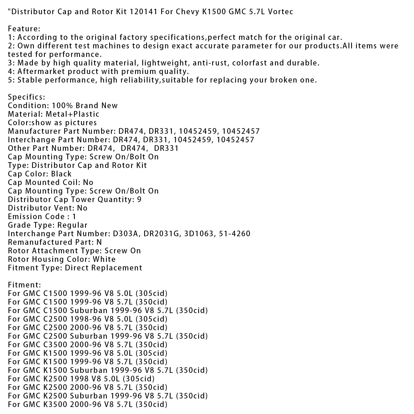 Distributor Cap and Rotor Kit 120141 For Chevy K1500 GMC 5.7L Vortec