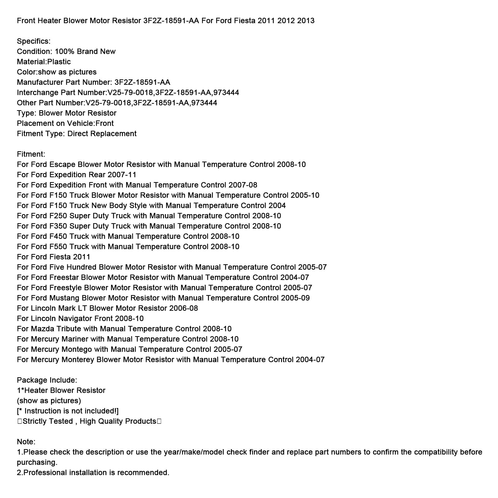 Front Heater Blower Motor Resistor 3F2Z-18591-AA For Ford Fiesta 2011 2012 2013