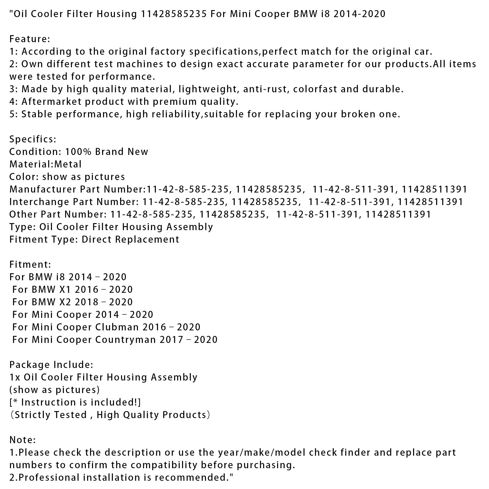Oil Cooler Filter Housing 11428585235 For Mini Cooper BMW i8 2014-2020