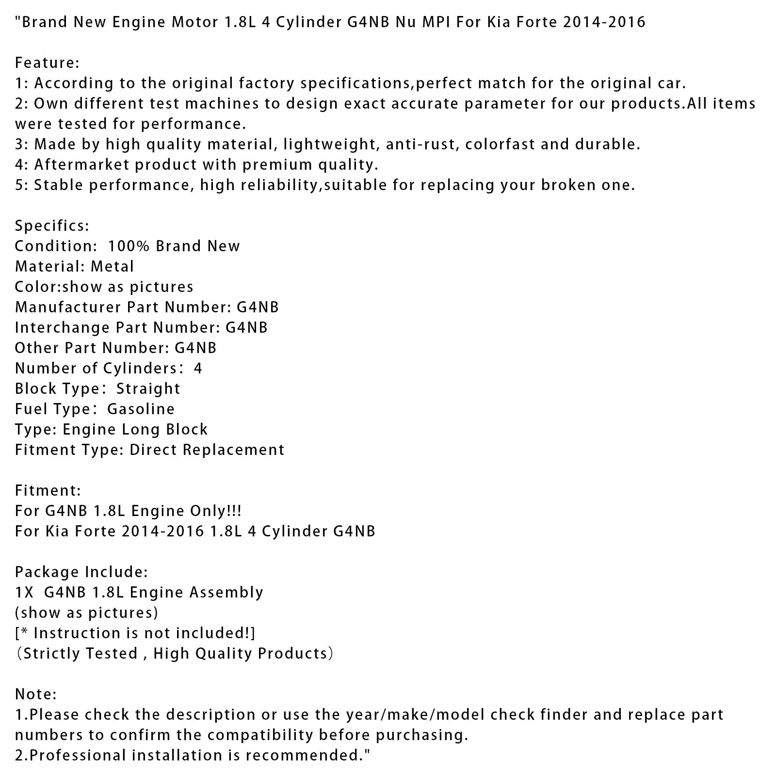 Brand New Engine Motor 1.8L 4 Cylinder G4NB Nu MPI For Kia Forte 2014-2016