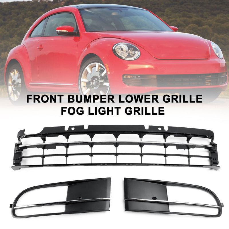VW Beetle 2012-2016 W/ Chrome Front Bumper Lower Grille + Fog Light Grill