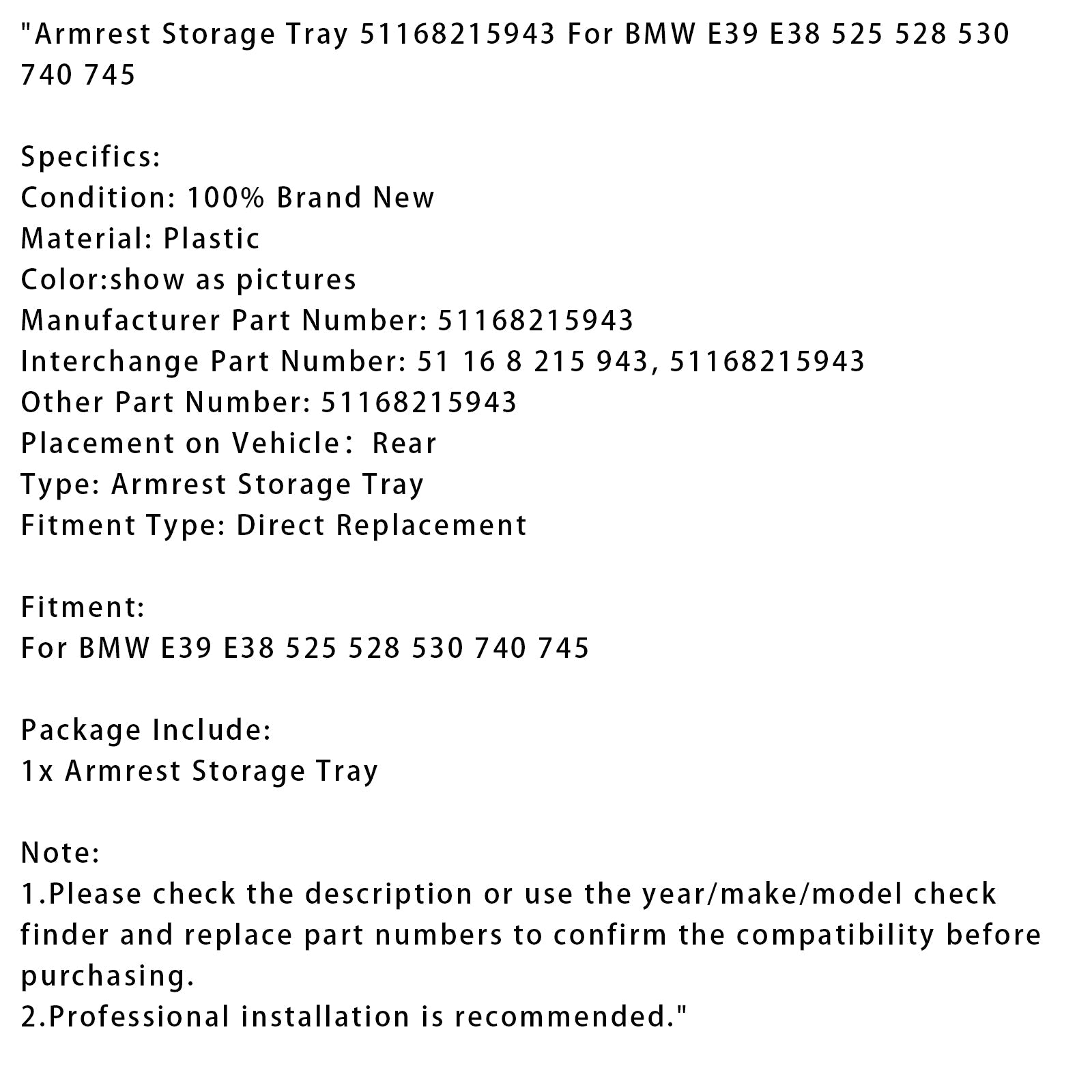 BMW E39 E38 525 528 530 740 745 암레스트 수납 트레이 51168215943