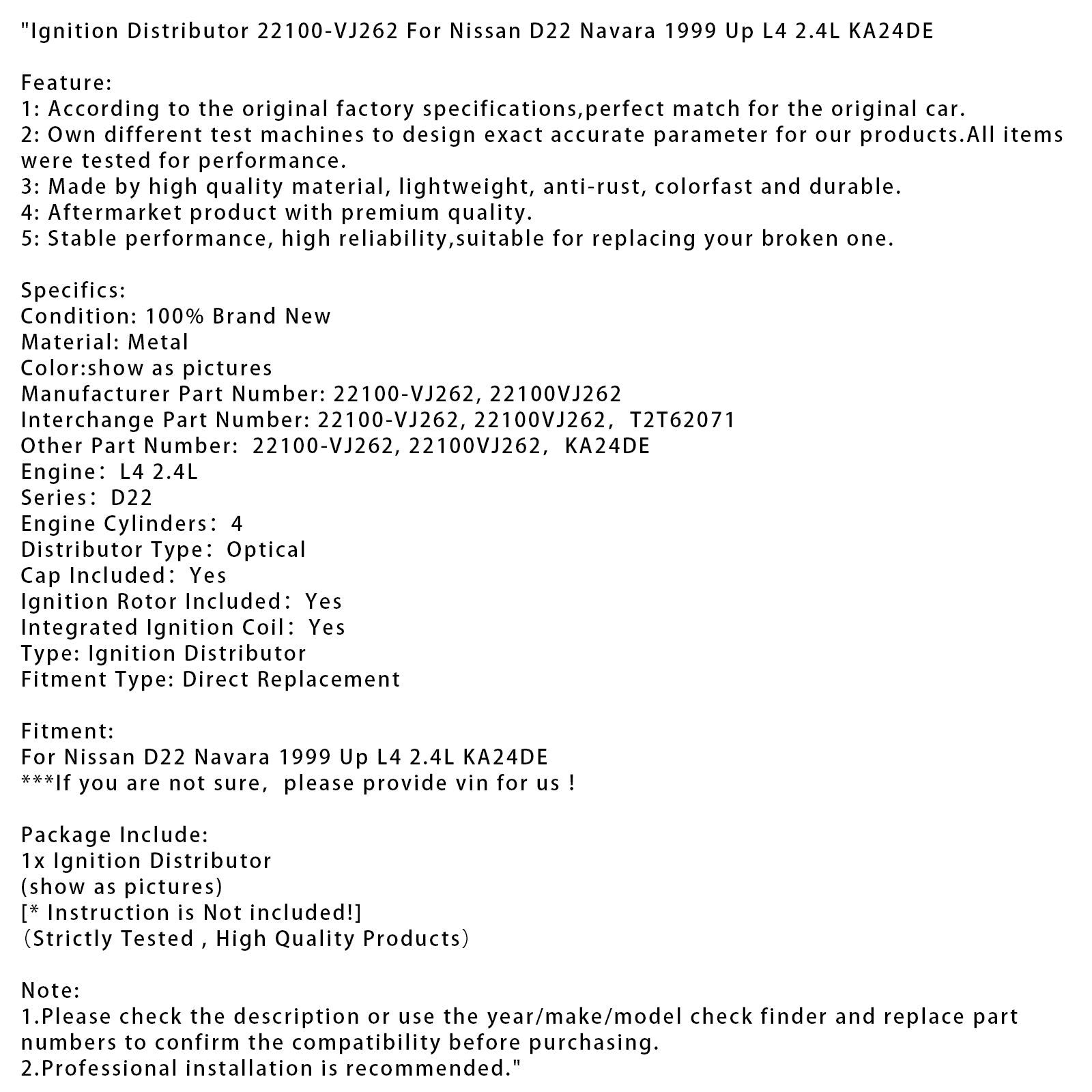 1999 Up Nissan D22 Navara L4 2.4L KA24DE Ignition Distributor 22100-VJ262