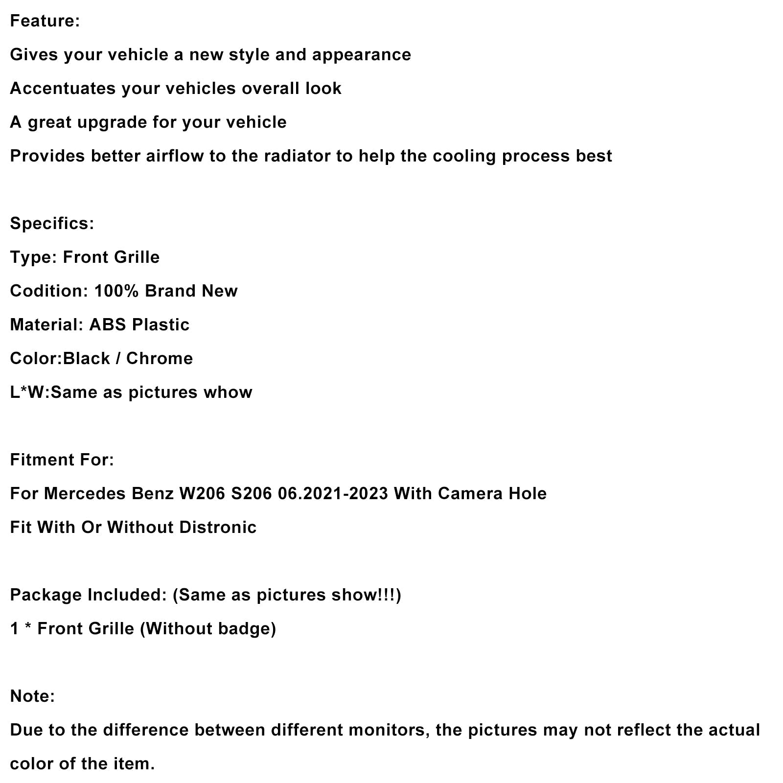 2022-2023 Mercedes Benz W206 W/Camera GT-R Style Front Bumper Grille Grill