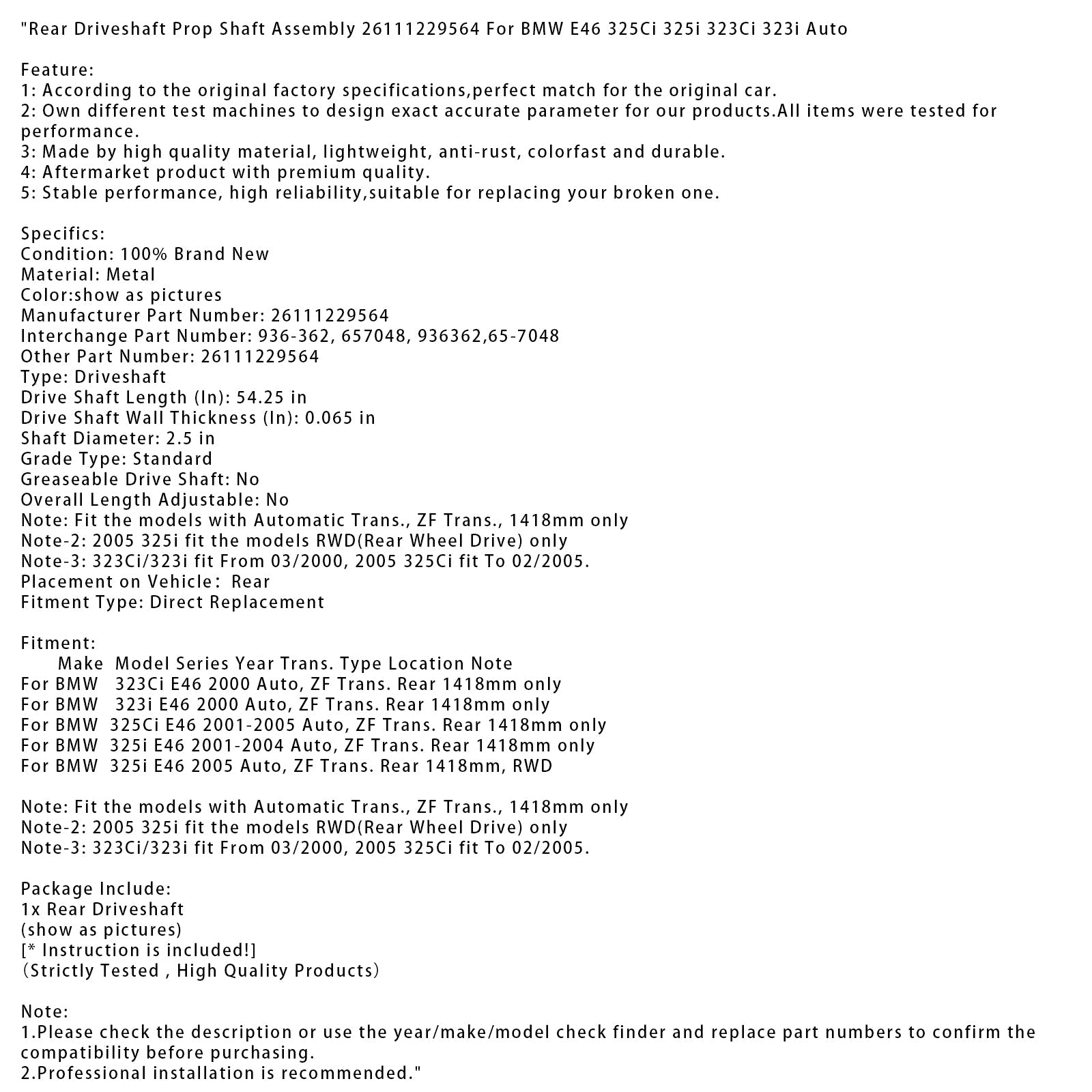 2005 BMW 325i E46 Auto, ZF Trans Rear Driveshaft Prop Shaft Assembly 26111229564