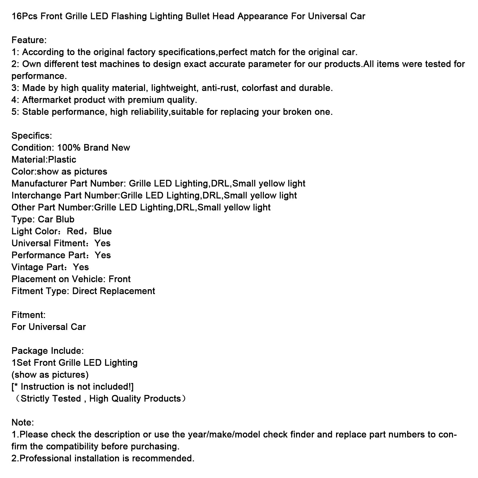 16Pcs Front Grille LED Flashing Lighting Bullet Head Appearance For Universal Car