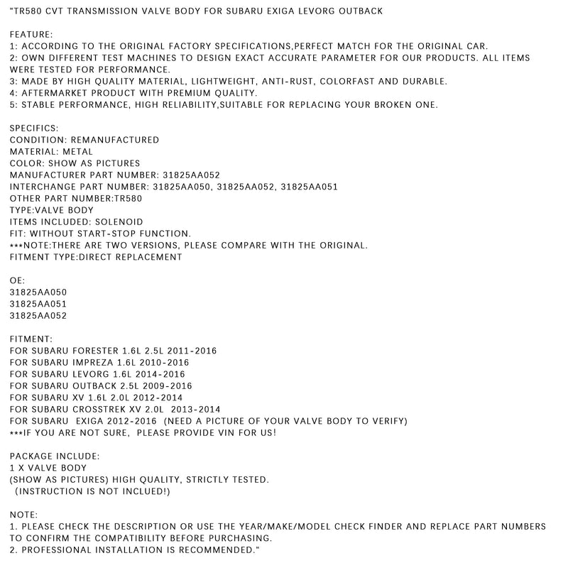 Subaru XV 1.6L 2.0L 2012-2014 TR580 CVT Cuerpo de válvula de transmisión