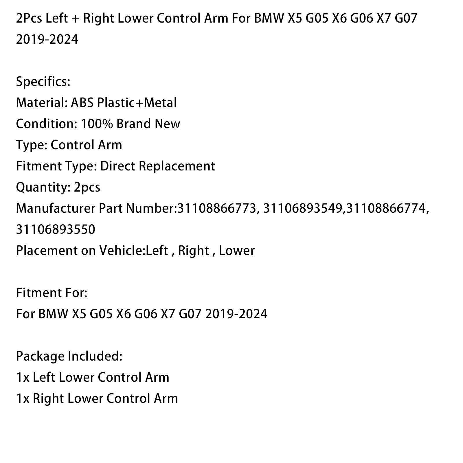 2019-2024 BMW X5 G05 X6 G06 X7 G07 2Pcs Left + Right Lower Control Arm