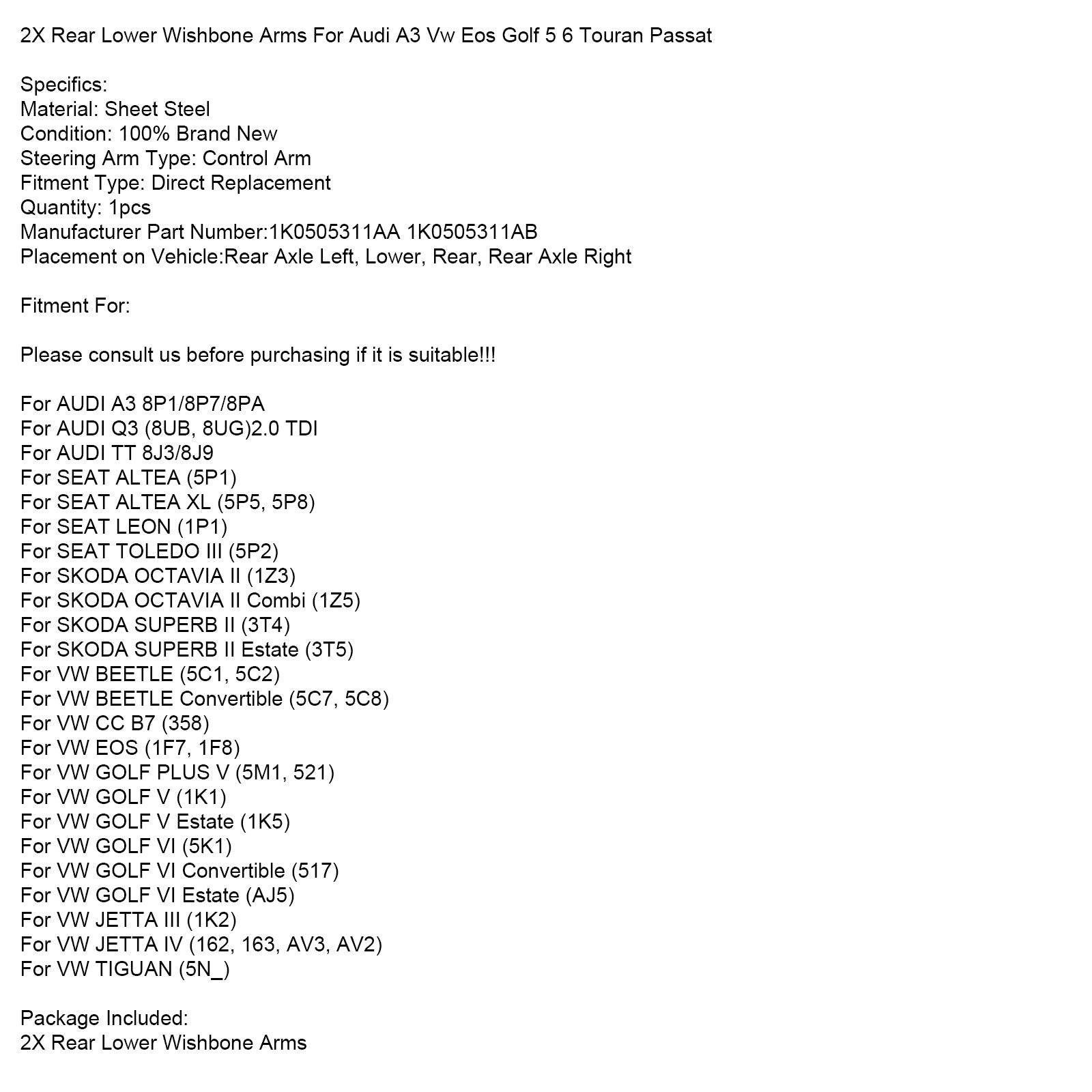 2X Rear Lower Wishbone Arms For Audi A3 Vw Eos Golf 5 6 Touran Passat