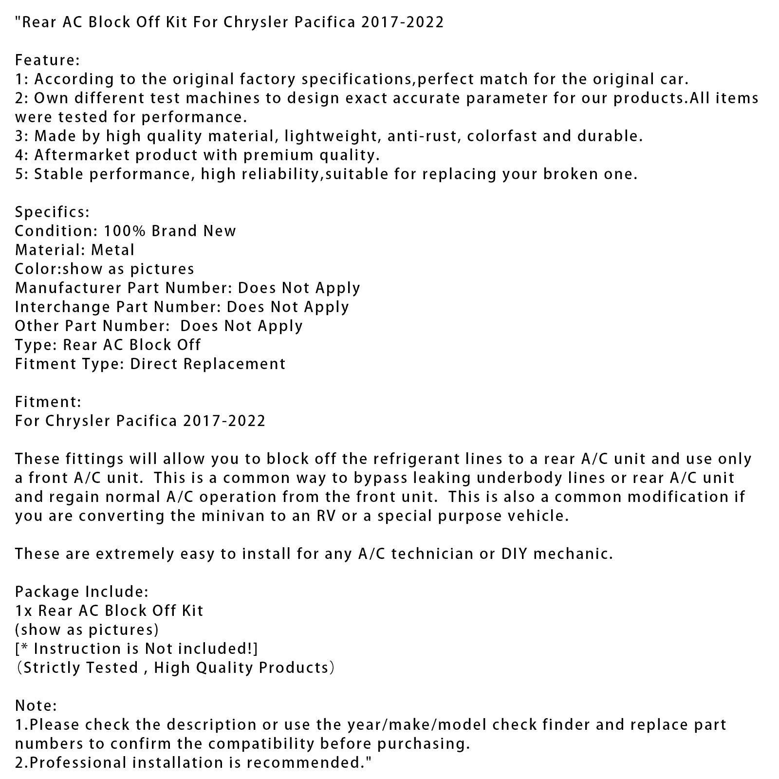 2017-2022 Chrysler Pacifica Rear AC Block Off Kit