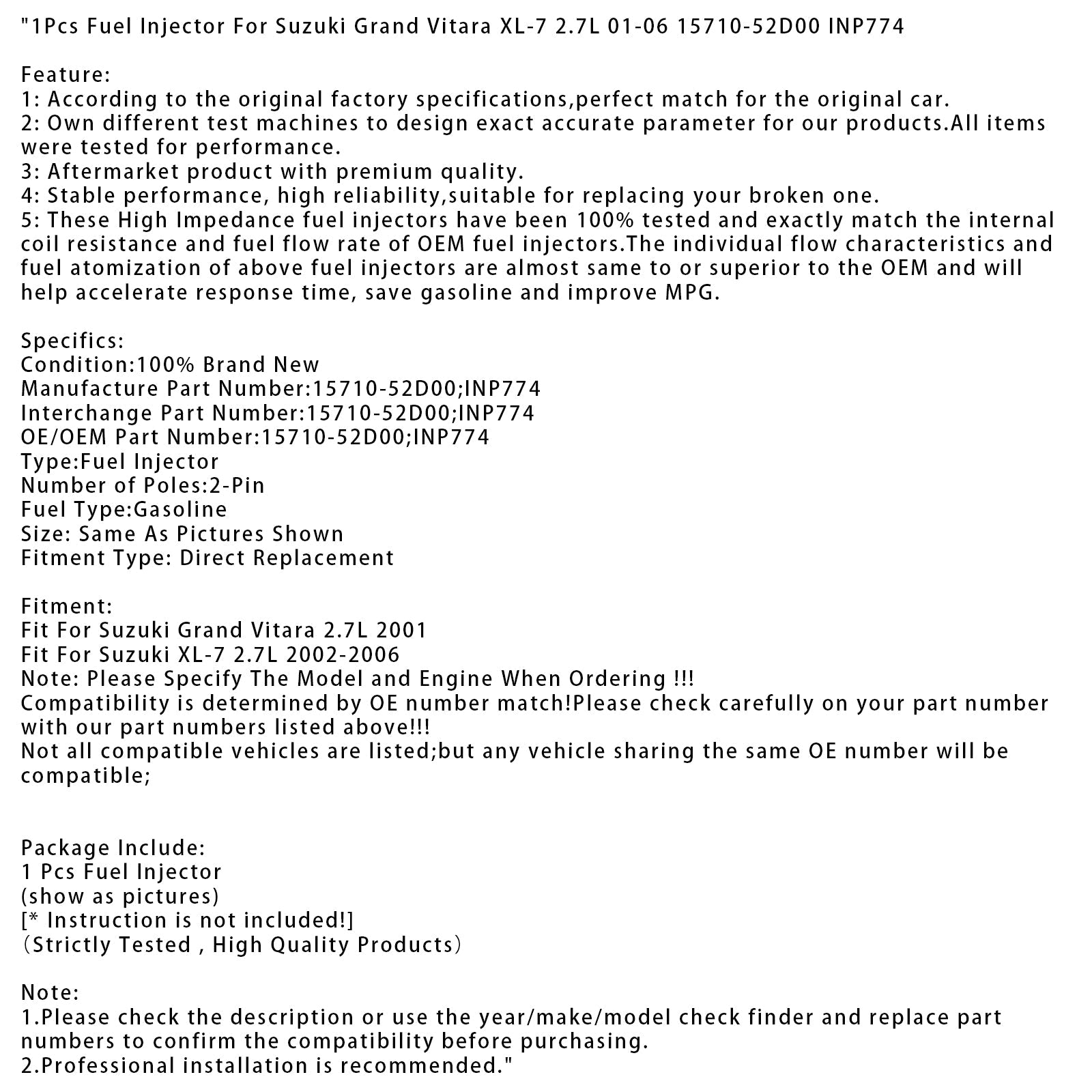 1Pcs Fuel Injector For Suzuki Grand Vitara XL-7 2.7L 01-06 15710-52D00 INP774