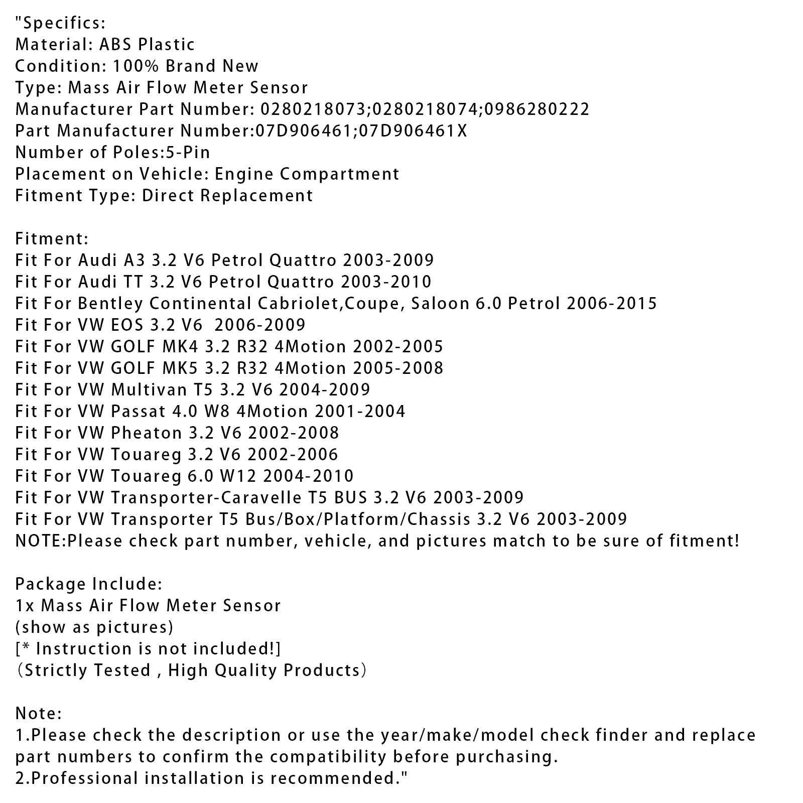 Mass Air Flow Meter Sensor For VW Golf MK5 Audi A3 TT 3.2 Bentley 0280218073