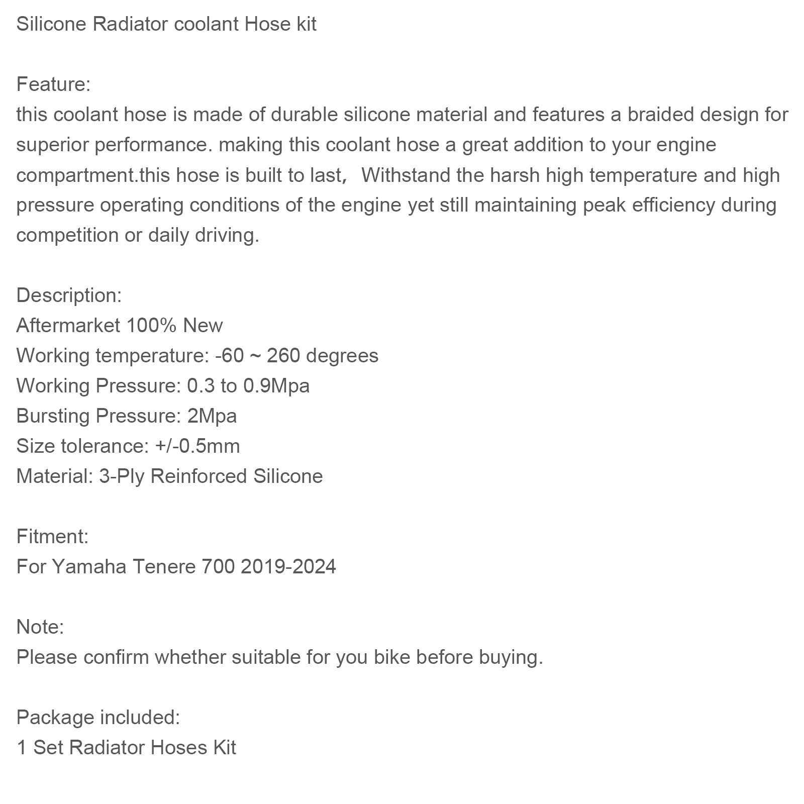 Silicone Radiator coolant Hose kit For Yamaha Tenere 700 2019-2024