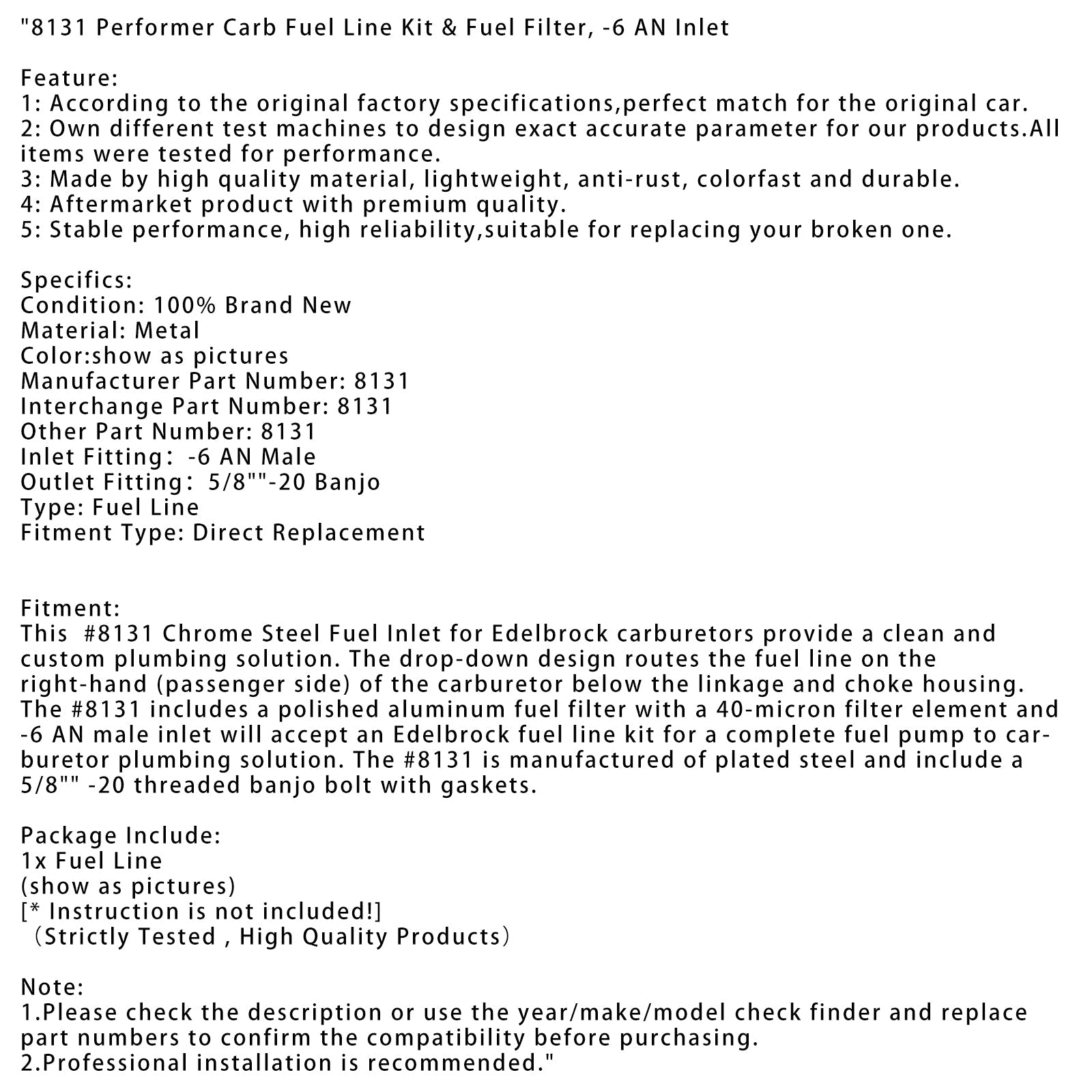 8131 Performer 카뷰레터 연료 라인 키트 연료 필터 - 6 AN 입구