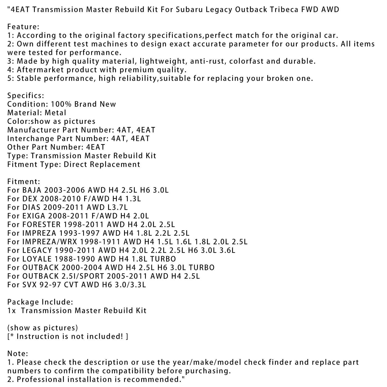 4EAT Transmission Master Rebuild Kit For Subaru Legacy Outback Tribeca FWD AWD