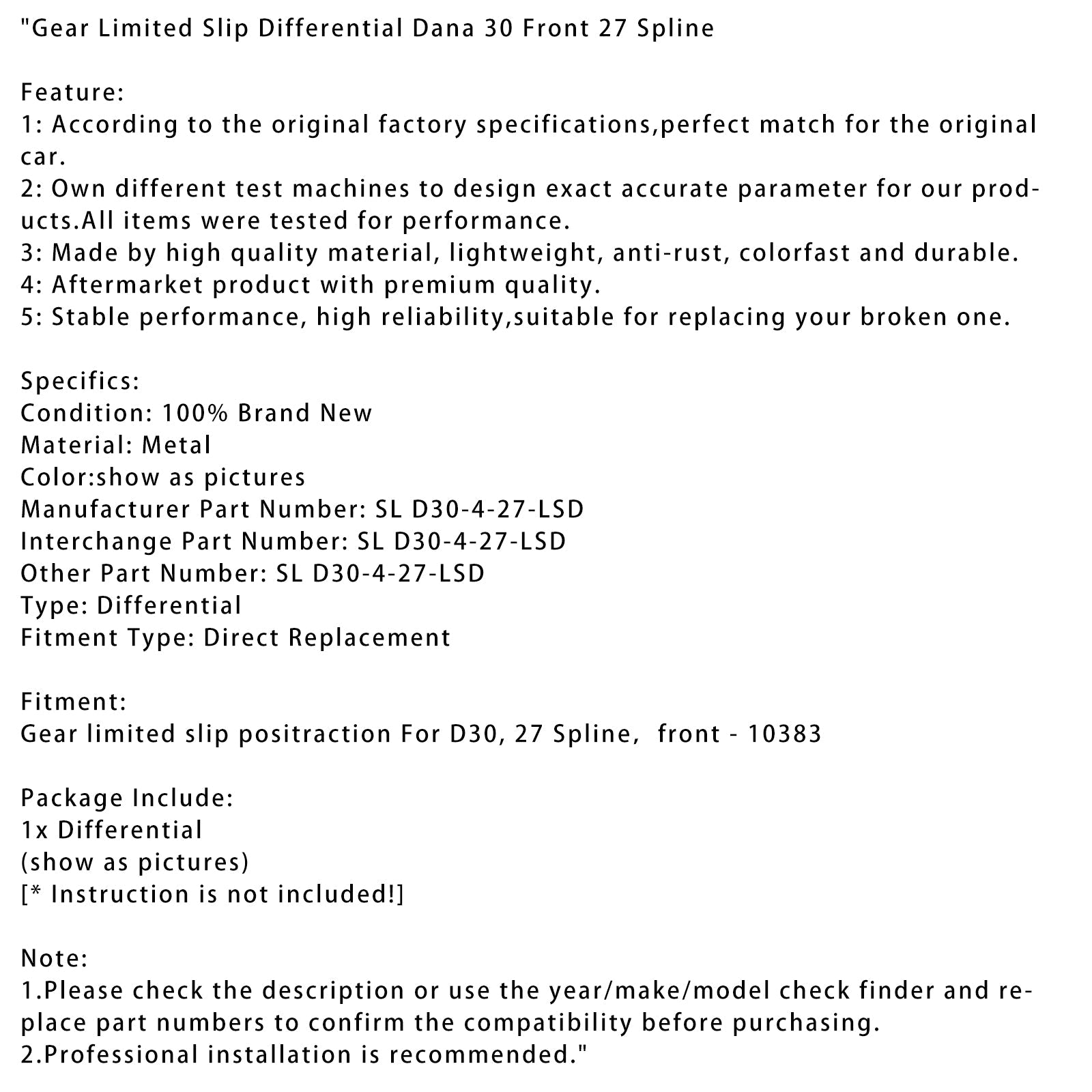 Gear Limited Slip Differential Dana 30 Front 27 Spline