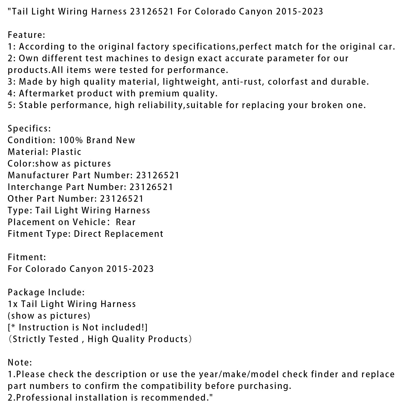2015-2023 Colorado Canyon Tail Light Wiring Harness 23126521