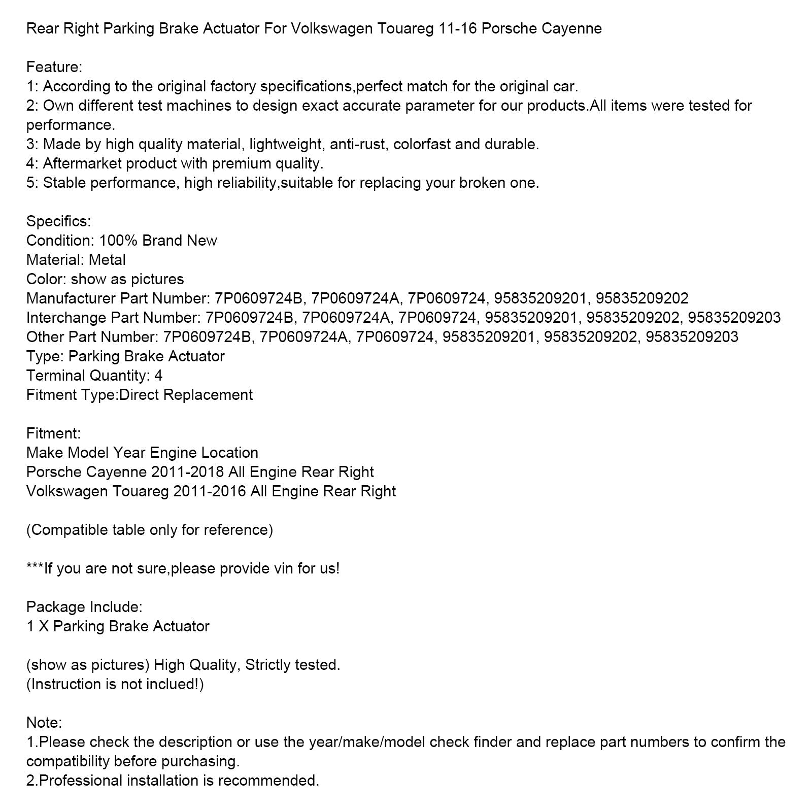 2011-2018 Porsche Cayenne Rear Right Parking Brake Actuator 7P0609724A